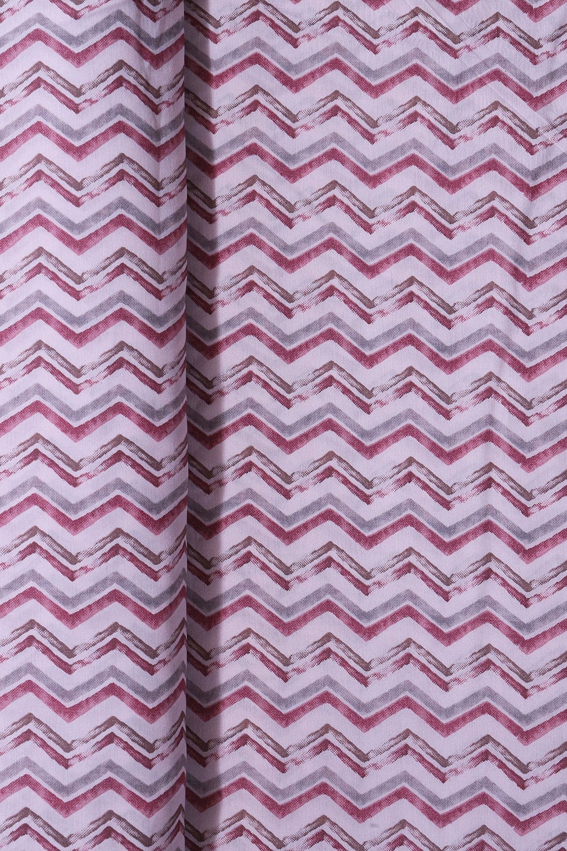 Mystic Pink And Brown Chevron Print On Pastel Pink Viscose Chanderi Silk Fabric - doeraa