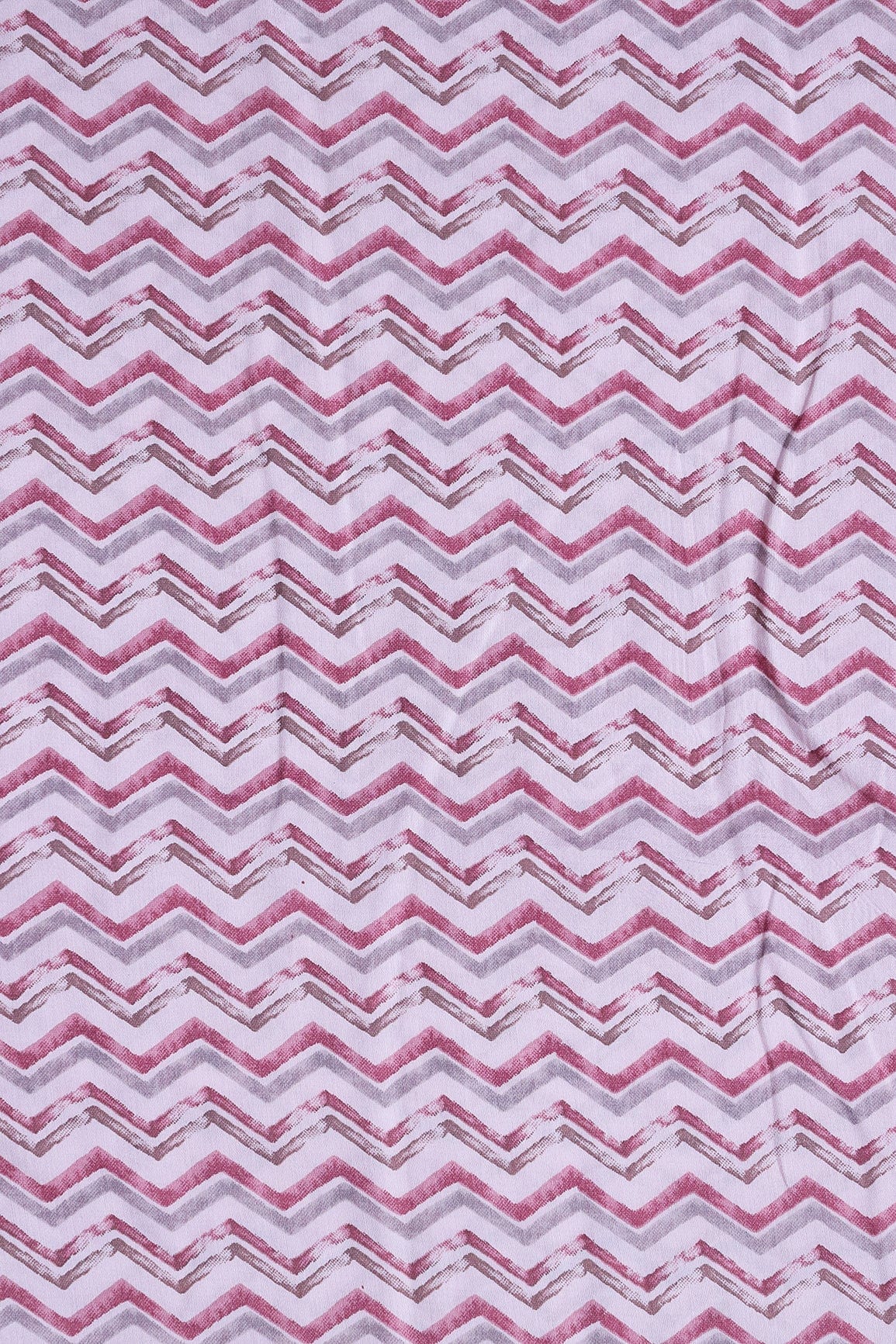 Mystic Pink And Brown Chevron Print On Pastel Pink Viscose Chanderi Silk Fabric - doeraa