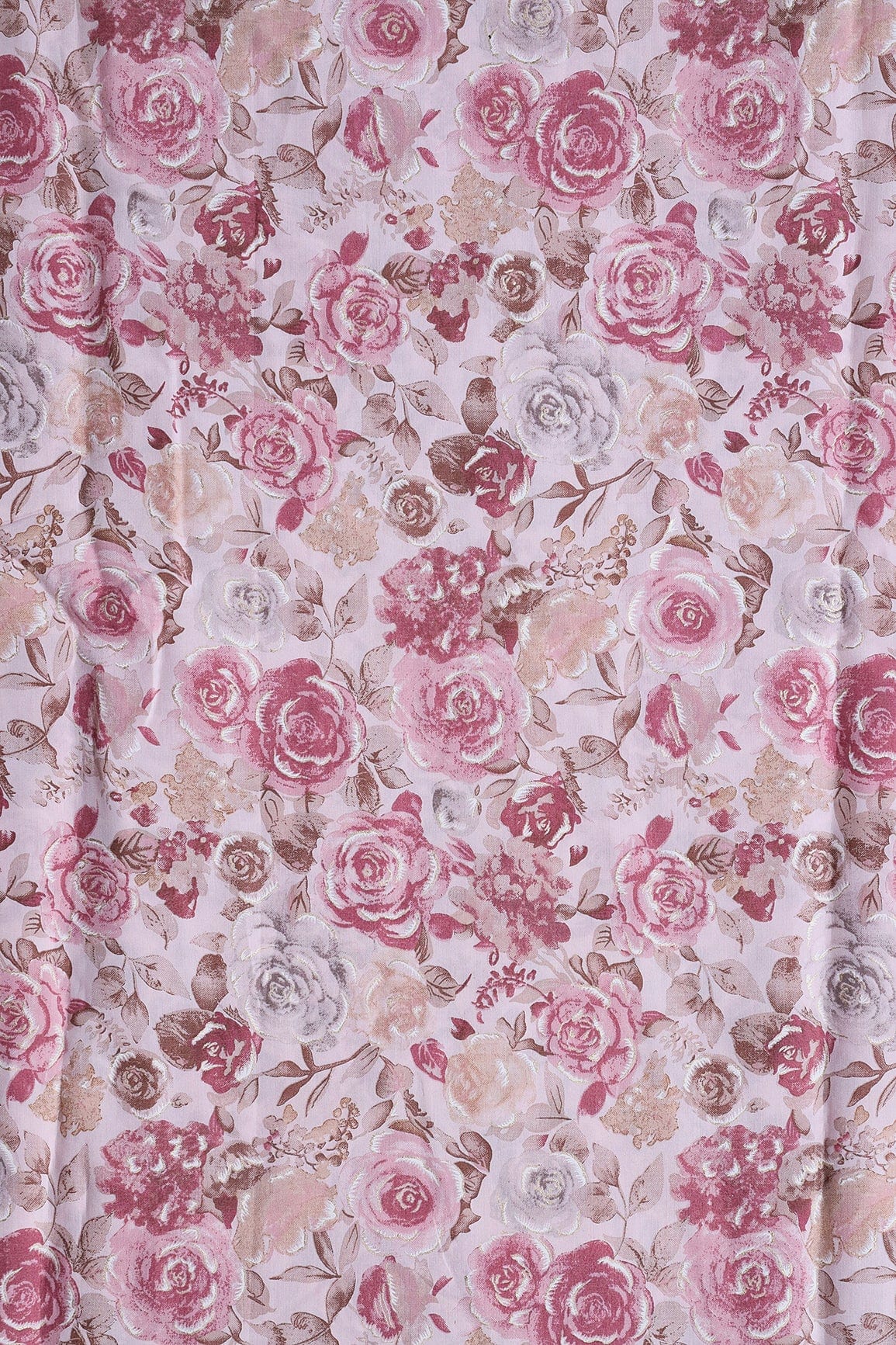 Mystic Pink And Brown Floral Foil Print On Pastel Pink Viscose Chanderi Silk Fabric - doeraa