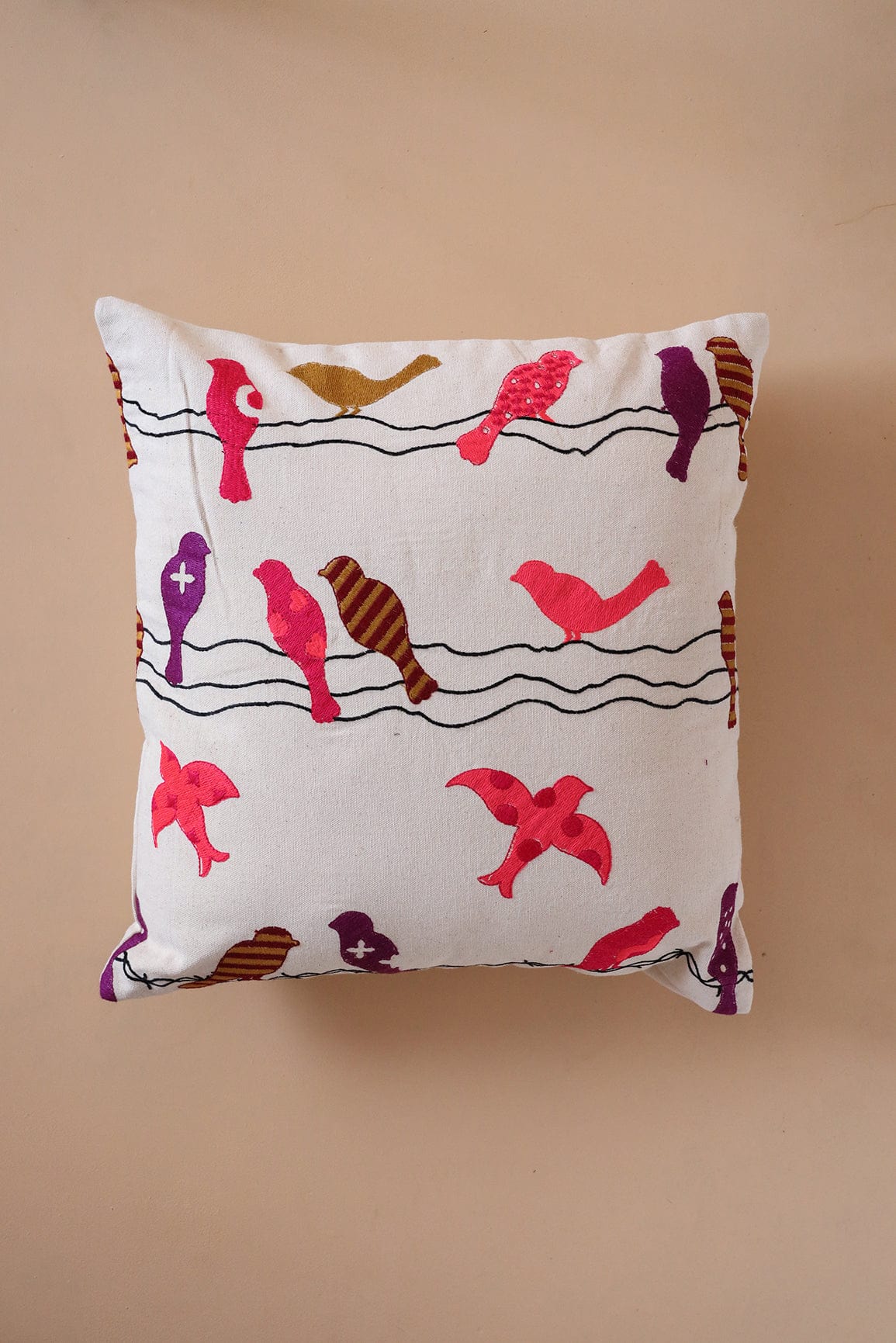 Natural Birds Embroidery on off white cotton Cushion Cover (16*16 inches) - doeraa