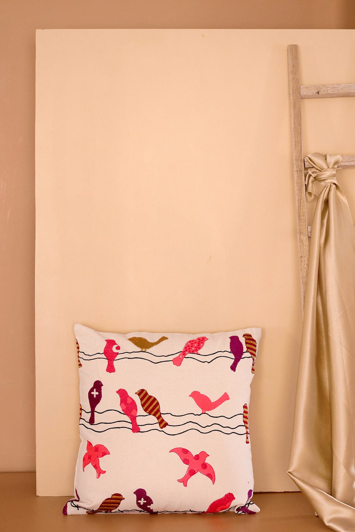 Natural Birds Embroidery on off white cotton Cushion Cover (16*16 inches) - doeraa