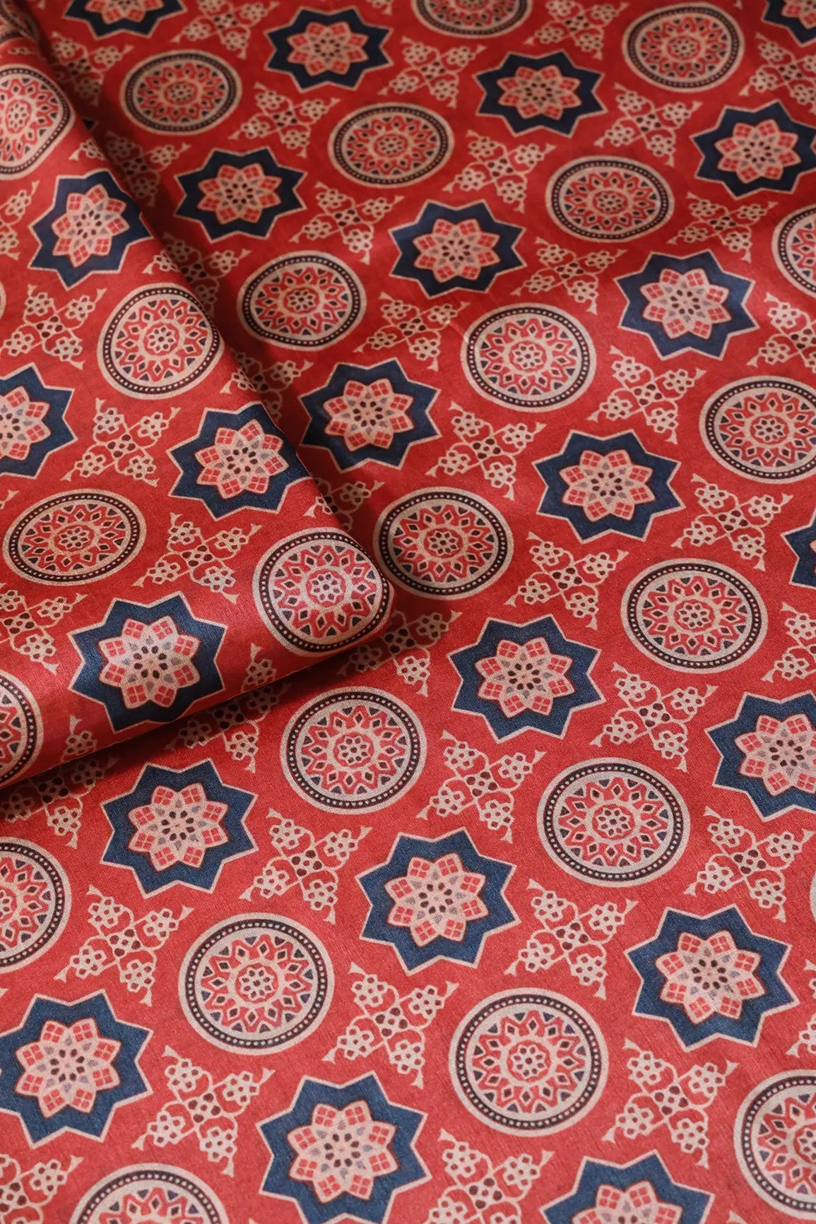 Navy Blue And Red Traditional Pattern Digital Print On Mulberry Silk Fabric - doeraa