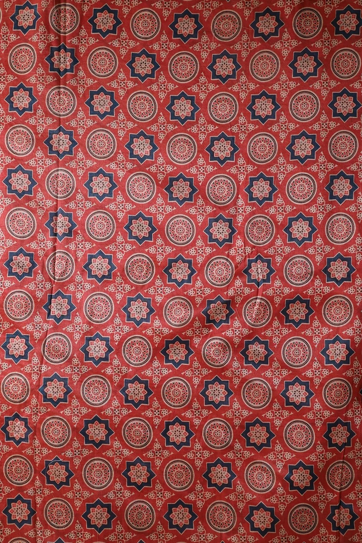 Navy Blue And Red Traditional Pattern Digital Print On Mulberry Silk Fabric - doeraa