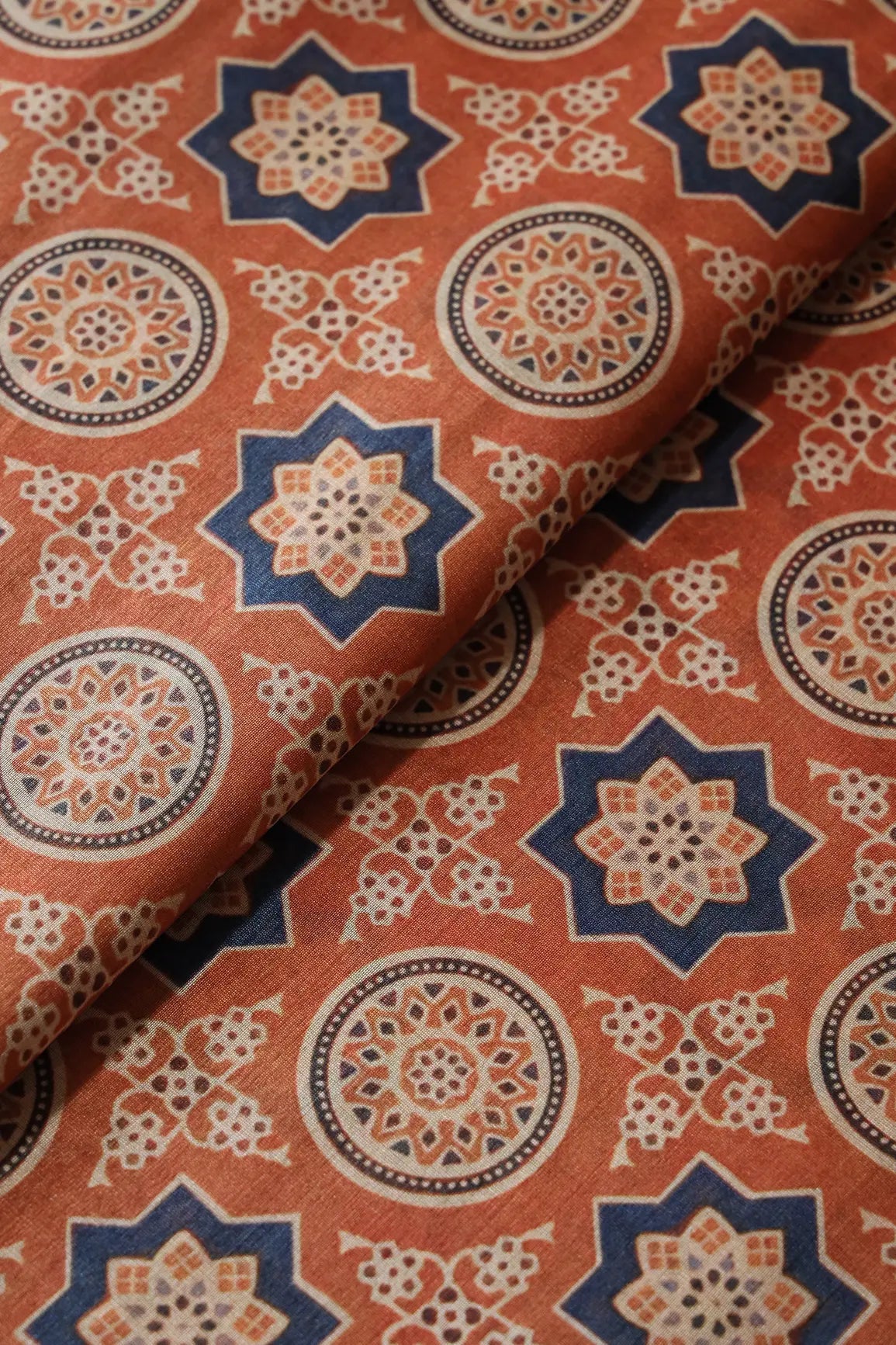 Navy Blue And Rust Traditional Pattern Digital Print On Mulberry Silk Fabric - doeraa