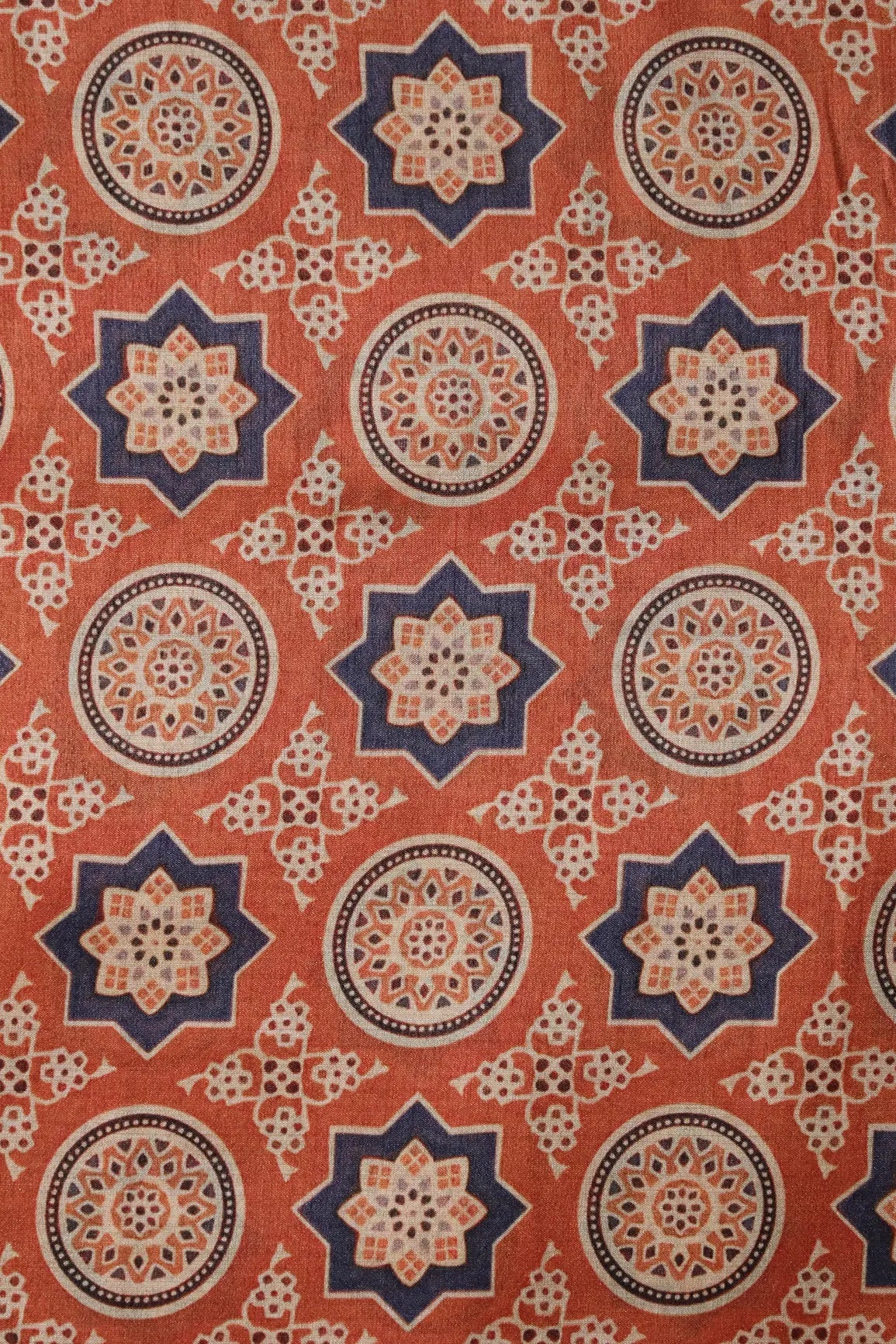 Navy Blue And Rust Traditional Pattern Digital Print On Mulberry Silk Fabric - doeraa