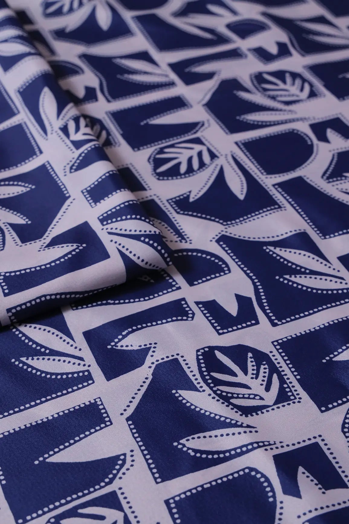 Navy Blue And White Geometric Pattern Digital Print On French Crepe Fabric - doeraa