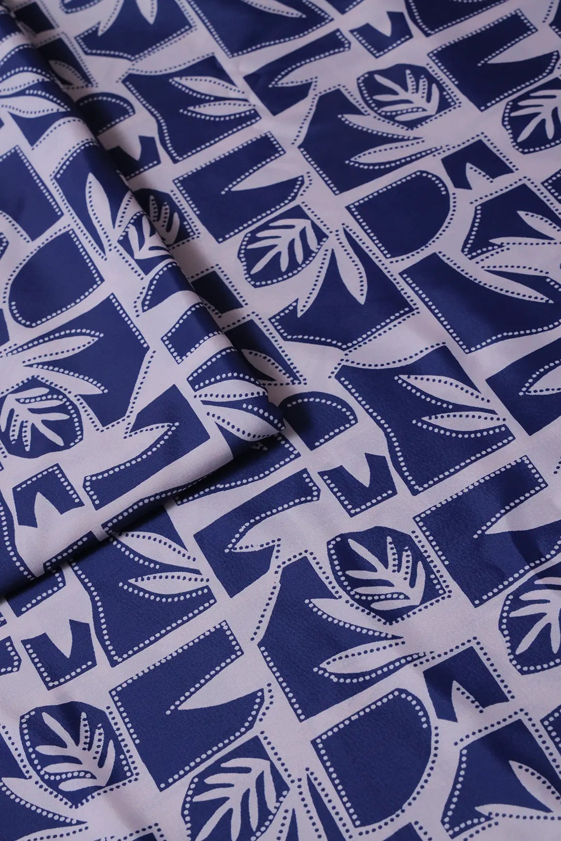 Navy Blue And White Geometric Pattern Digital Print On French Crepe Fabric - doeraa