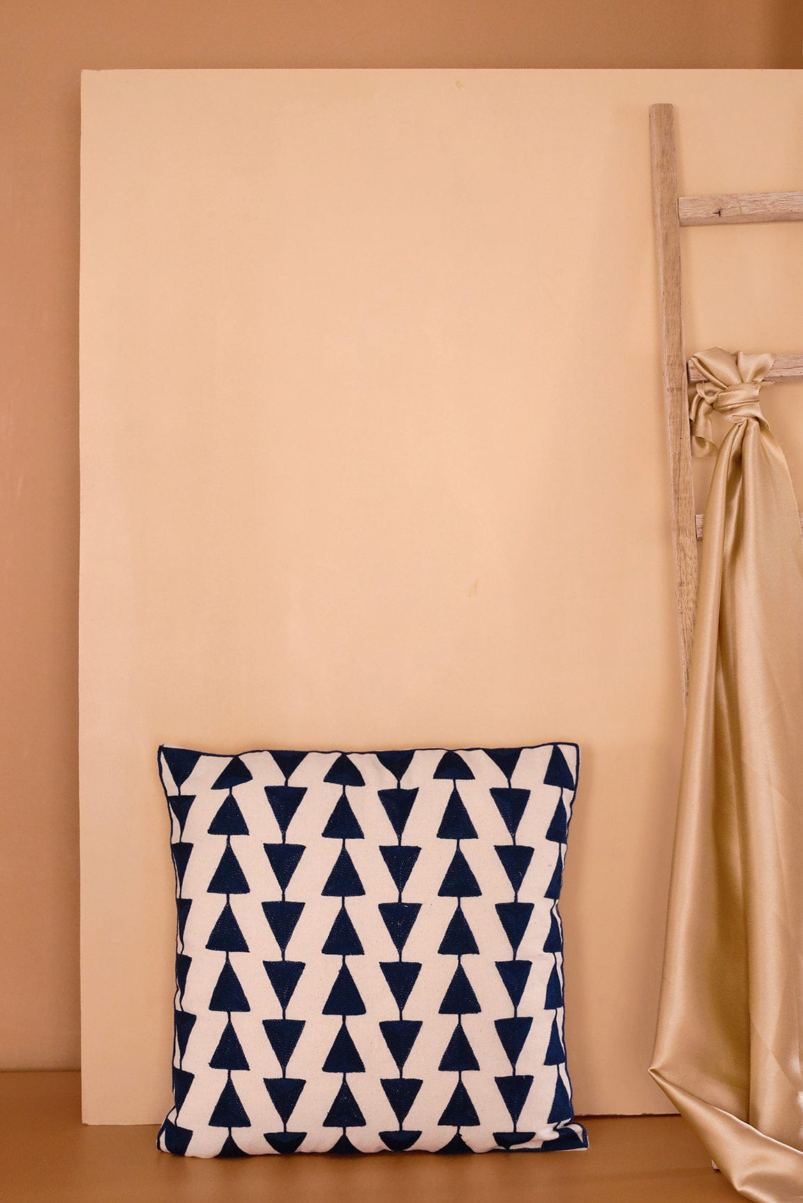 Navy Blue Embroidery on off white cotton Cushion Cover (16*16 inches) - doeraa