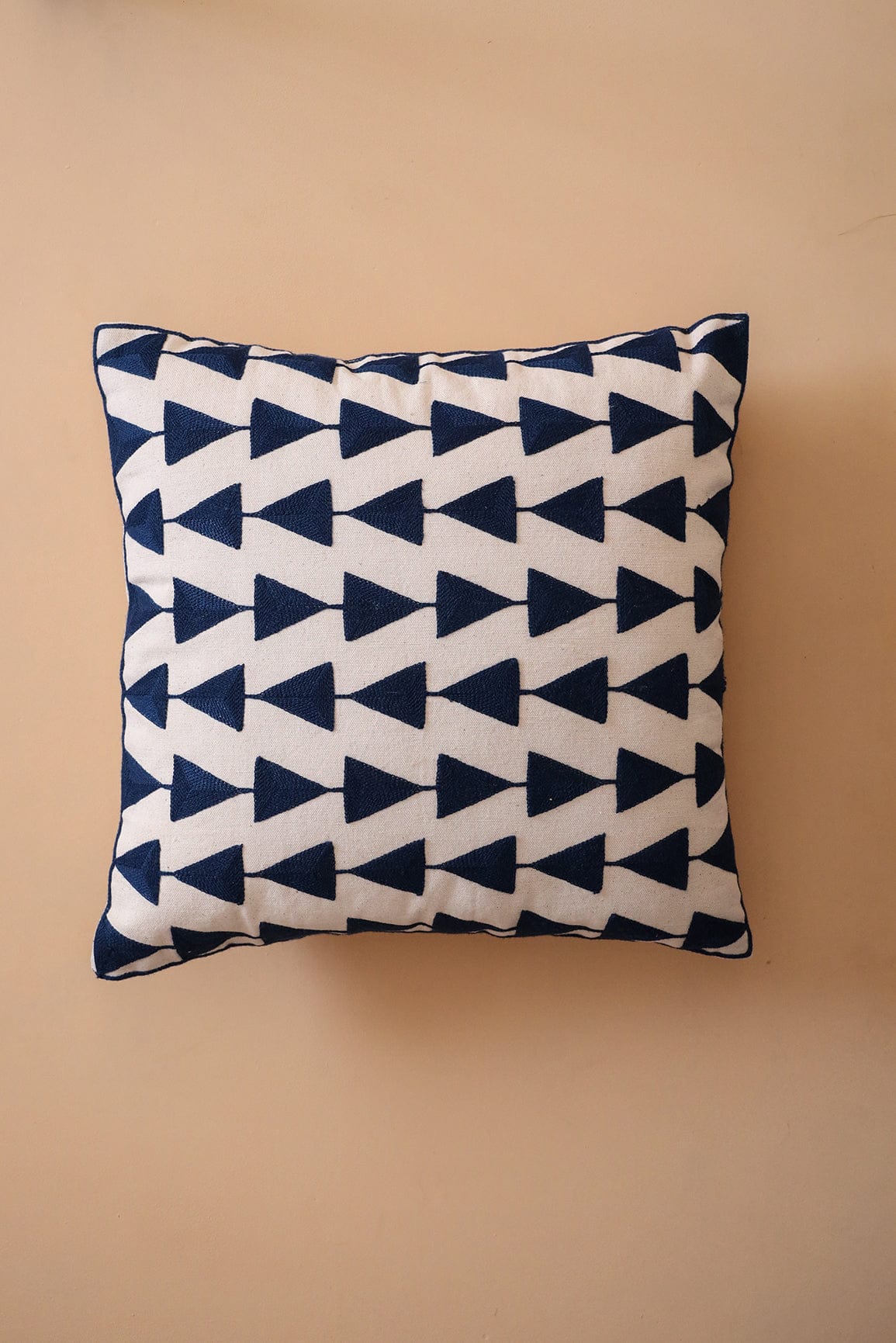 Navy Blue Embroidery on off white cotton Cushion Cover (16*16 inches) - doeraa