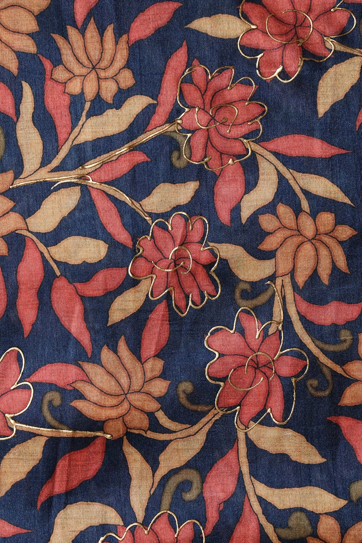 Navy Blue Floral Pattern Digital Foil Print On Mulberry Silk Fabric - doeraa