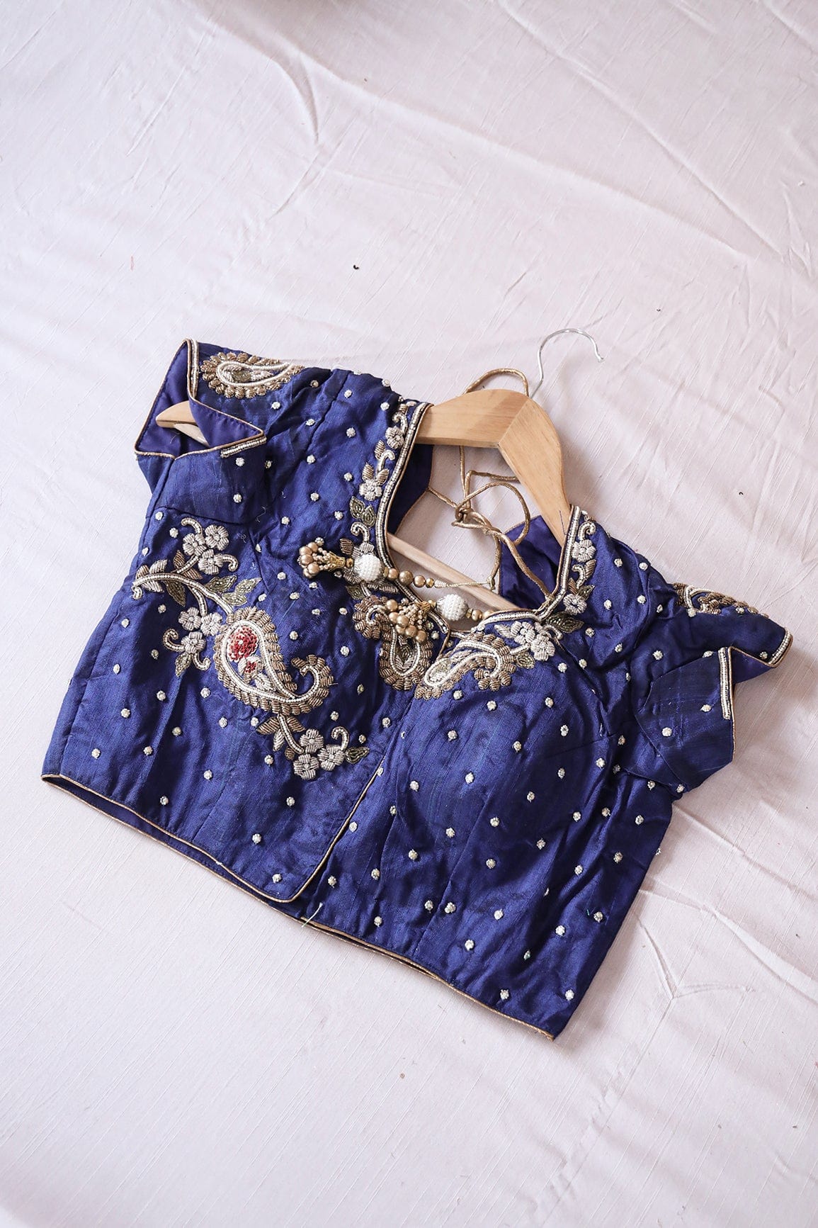 Navy Blue Hand Work Embroidery Raw Silk Stitched Blouse - doeraa