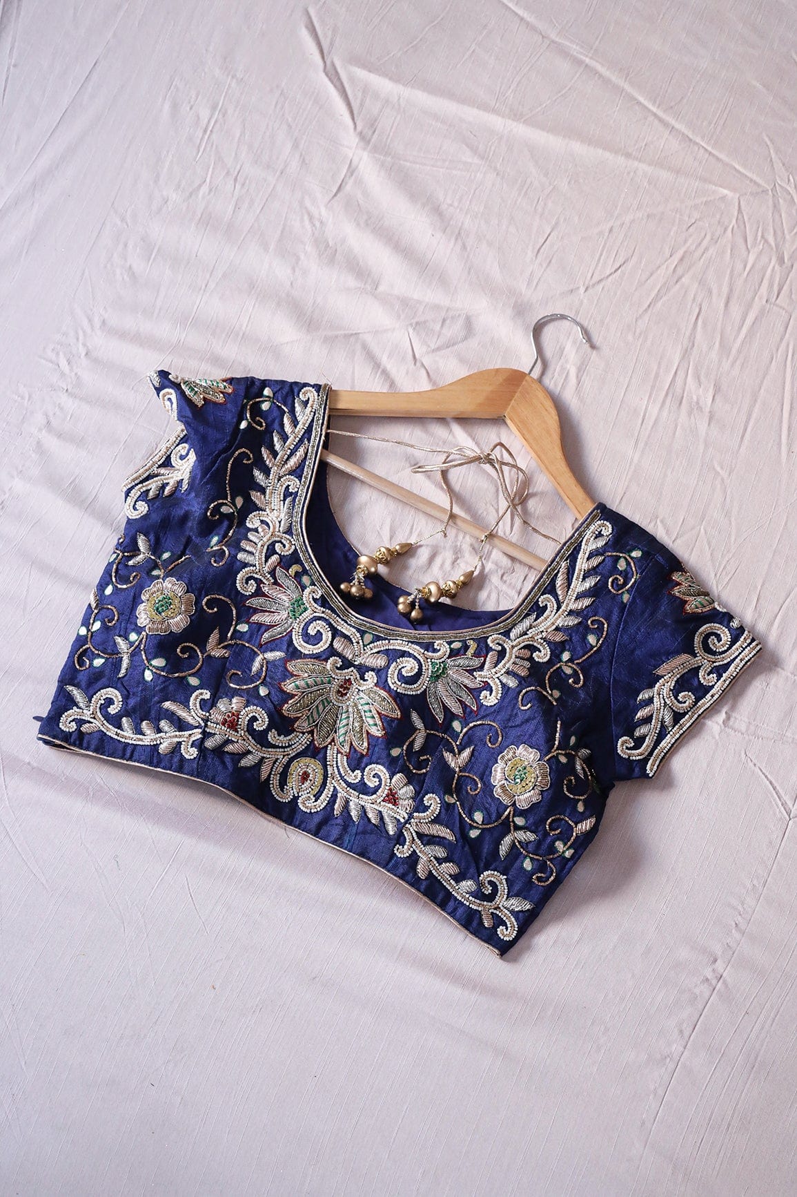 Navy Blue Hand Work Embroidery Raw Silk Stitched Blouse - doeraa