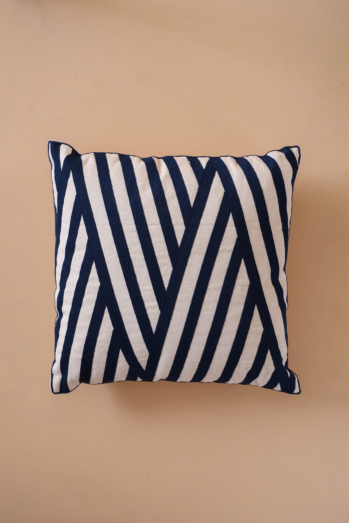 Navy Blue Stripped Embroidery on off white cotton Cushion Cover (16*16 inches) - doeraa