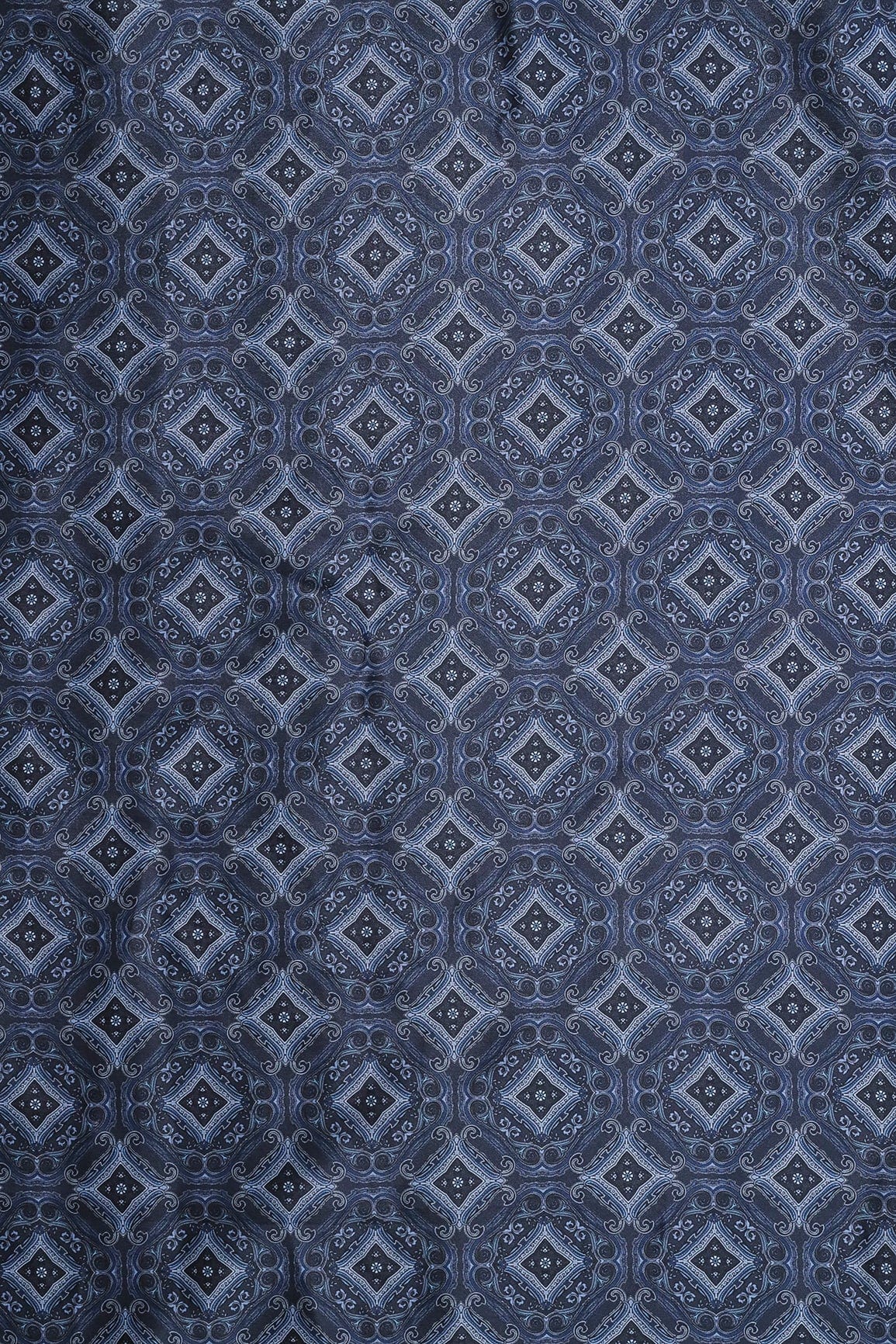 Navy Blue Traditional Pattern Digital Print On Black French Crepe Fabric - doeraa