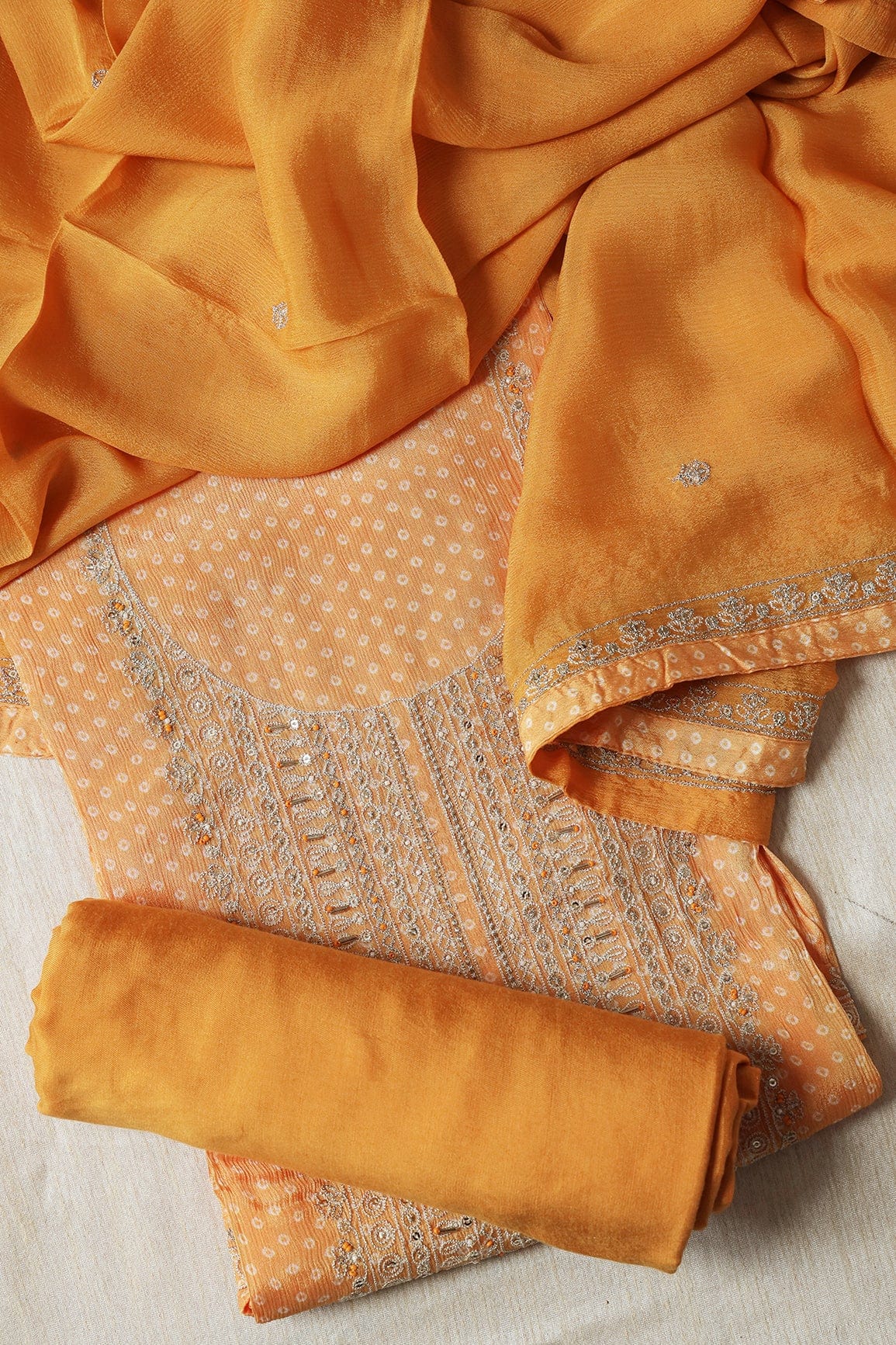 Ochre Yellow Semi Stitched Pure Chinnon Suit Set (3 piece) - doeraa
