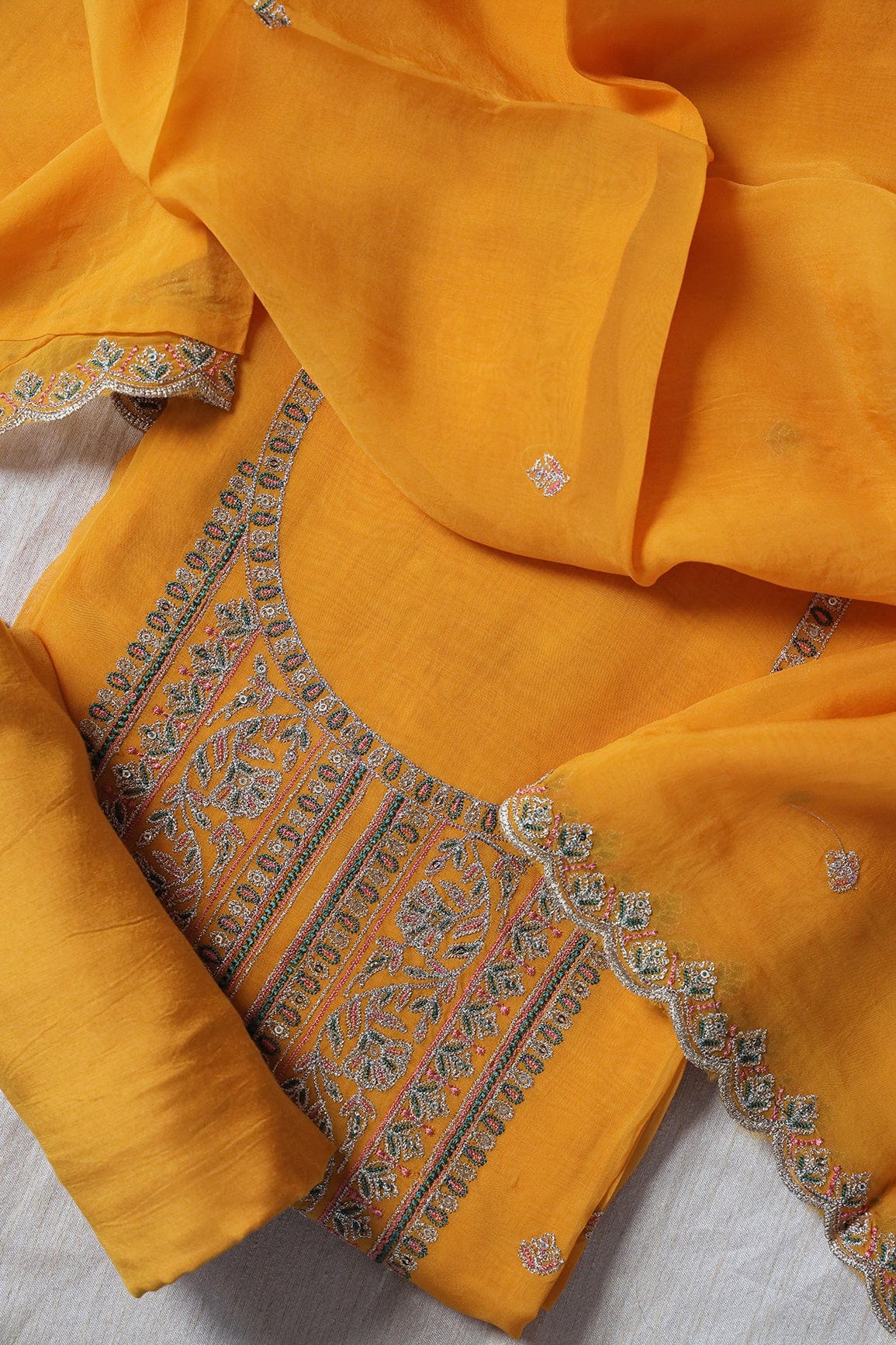 Ochre Yellow Semi Stitched Pure Organza Suit Set (3 piece) - doeraa