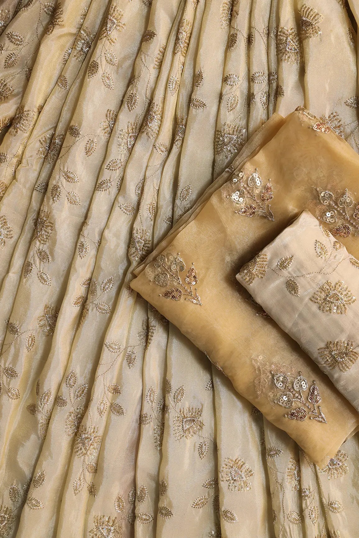 Off White And Beige Unstitched Lehenga Set Fabric (3 Piece) - doeraa