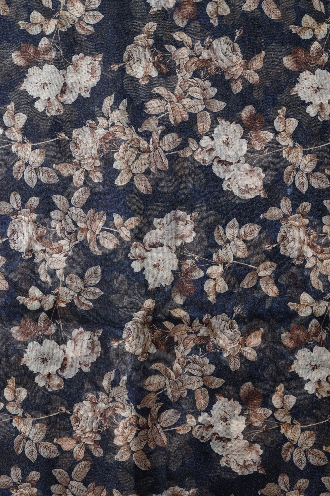 Off White And Brown Floral Digital Print On Navy Blue Organza Fabric - doeraa