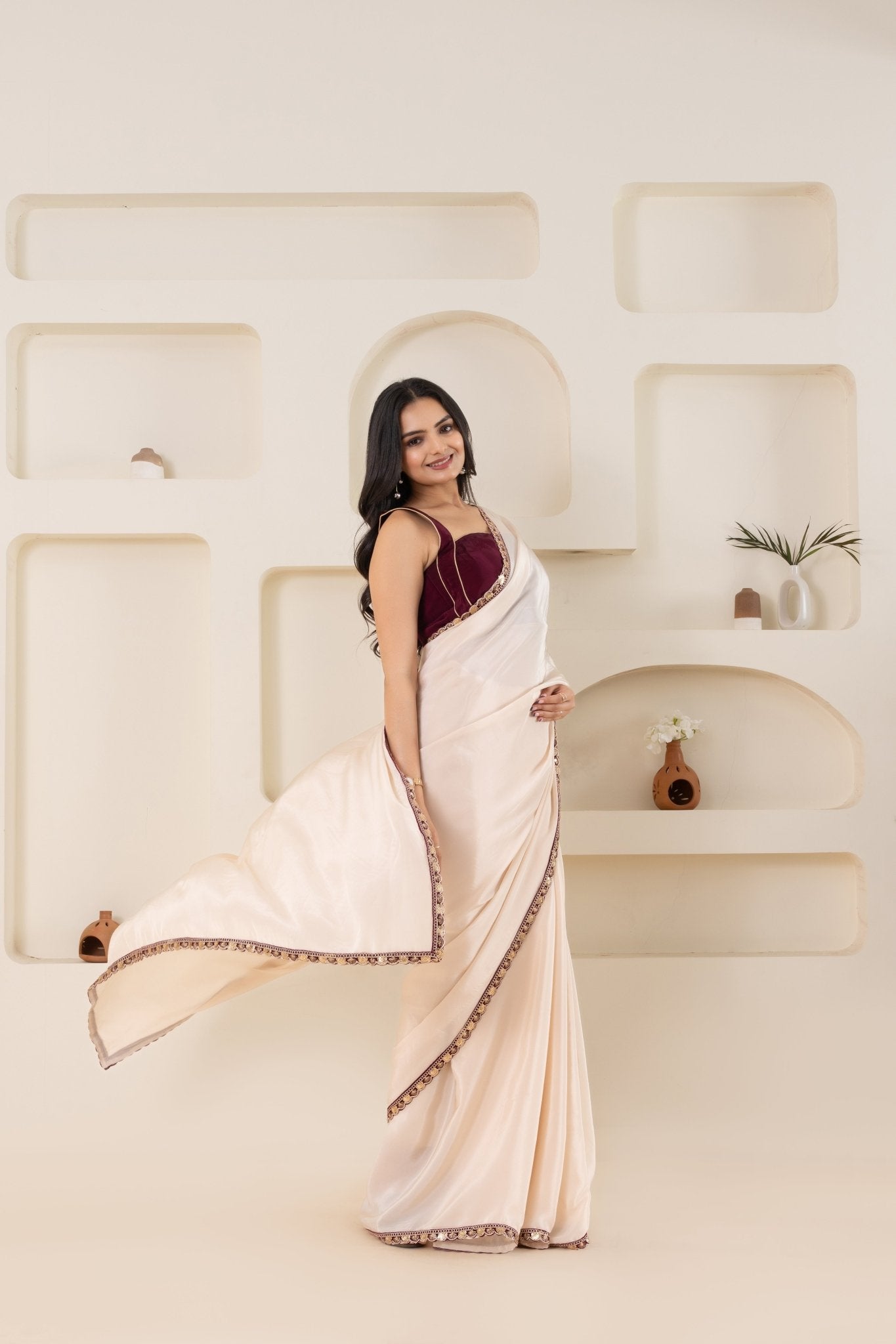 Off White And Wine Pure Viscose Crepe Saree Set With Border (Saree With Blouse Piece) - doeraa