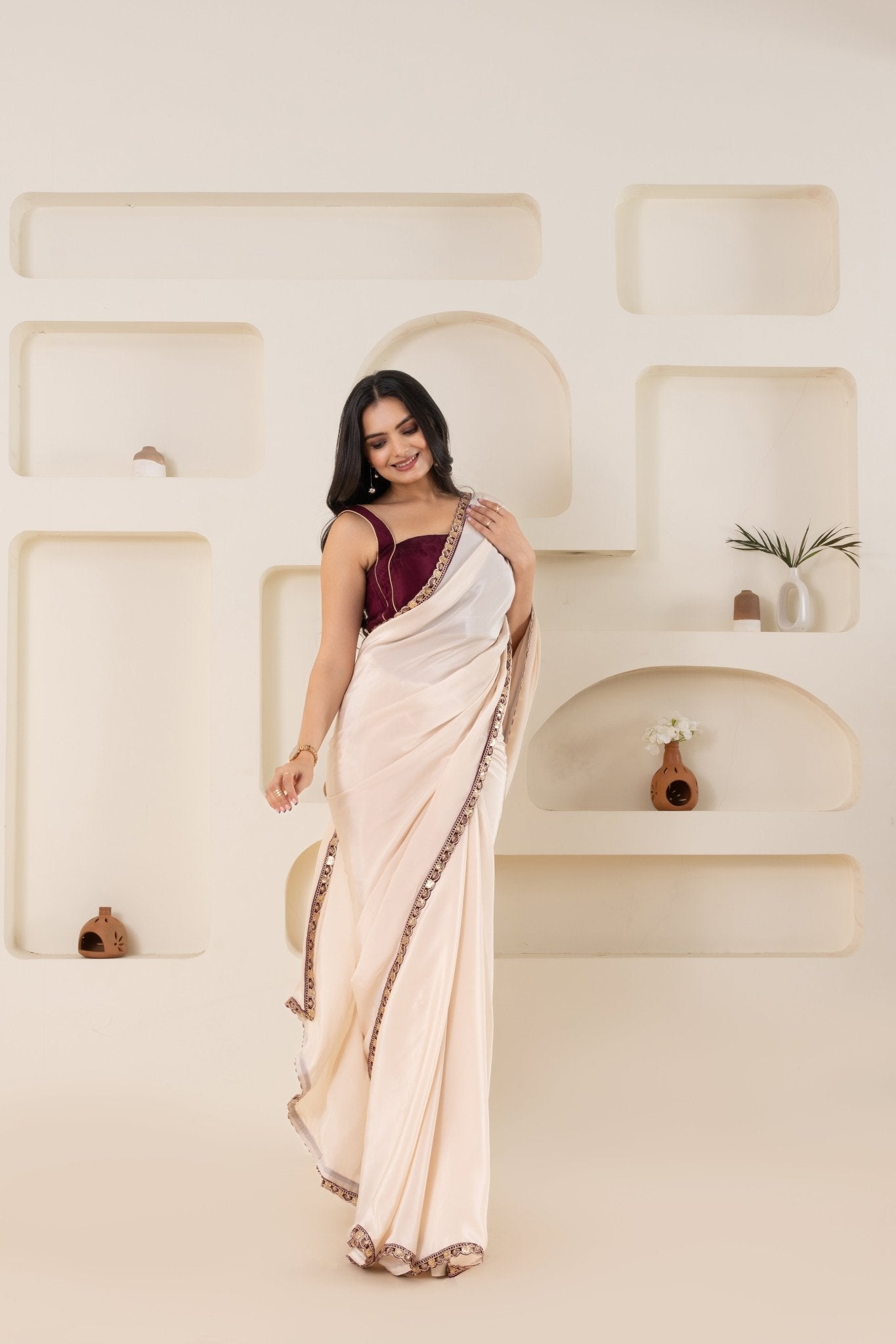 Off White And Wine Pure Viscose Crepe Saree Set With Border (Saree With Blouse Piece) - doeraa