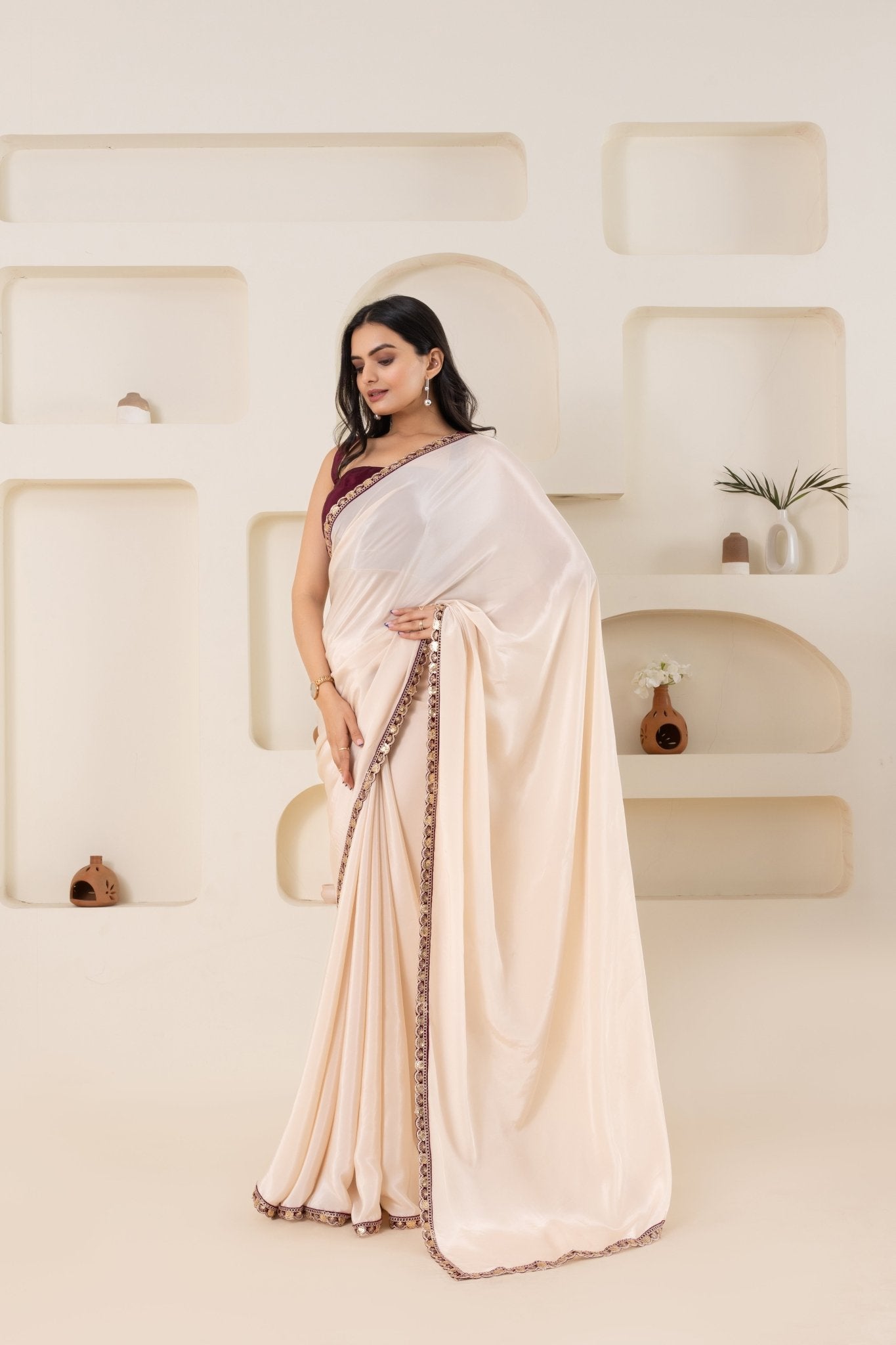 Off White And Wine Pure Viscose Crepe Saree Set With Border (Saree With Blouse Piece) - doeraa