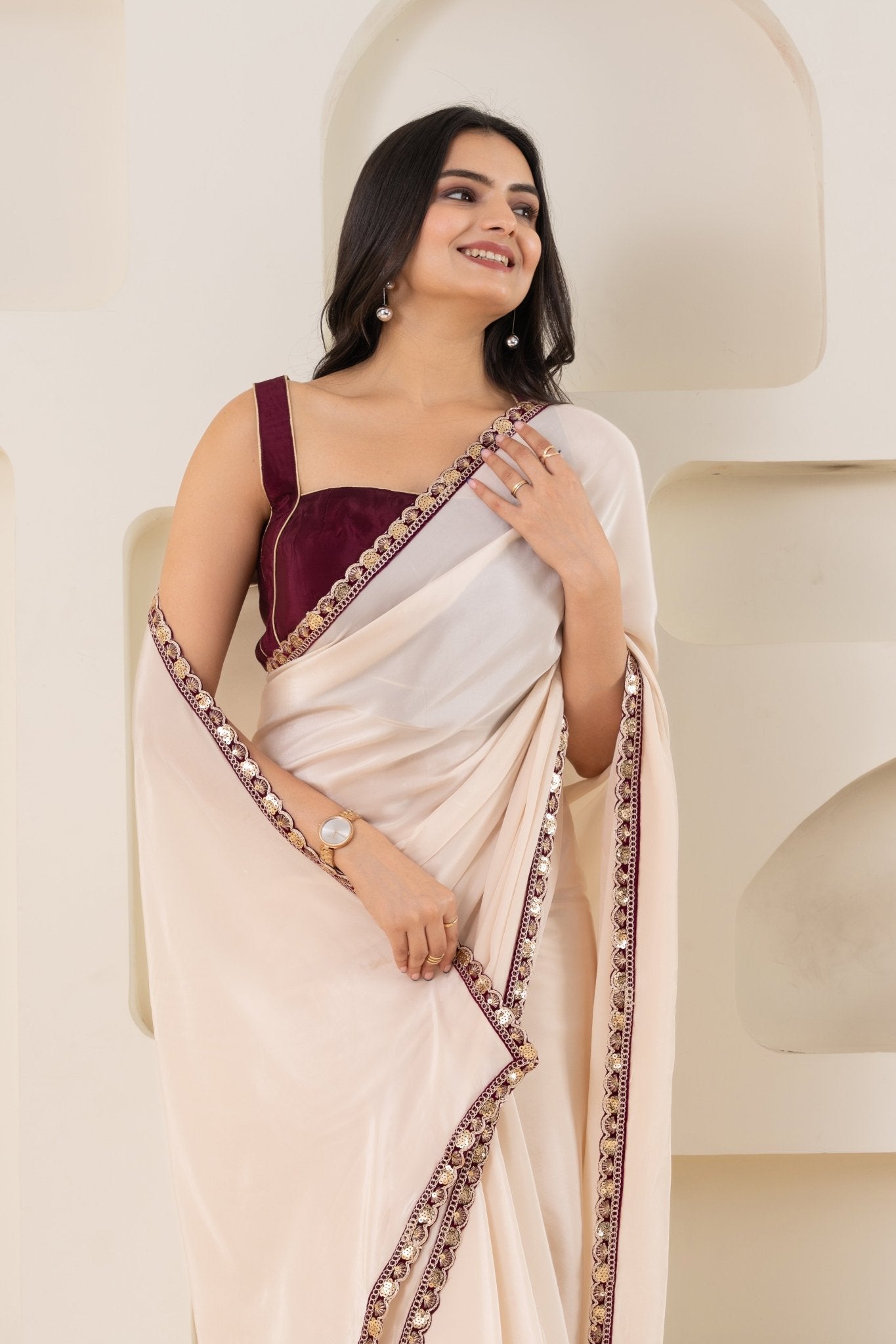 Off White And Wine Pure Viscose Crepe Saree Set With Border (Saree With Blouse Piece) - doeraa