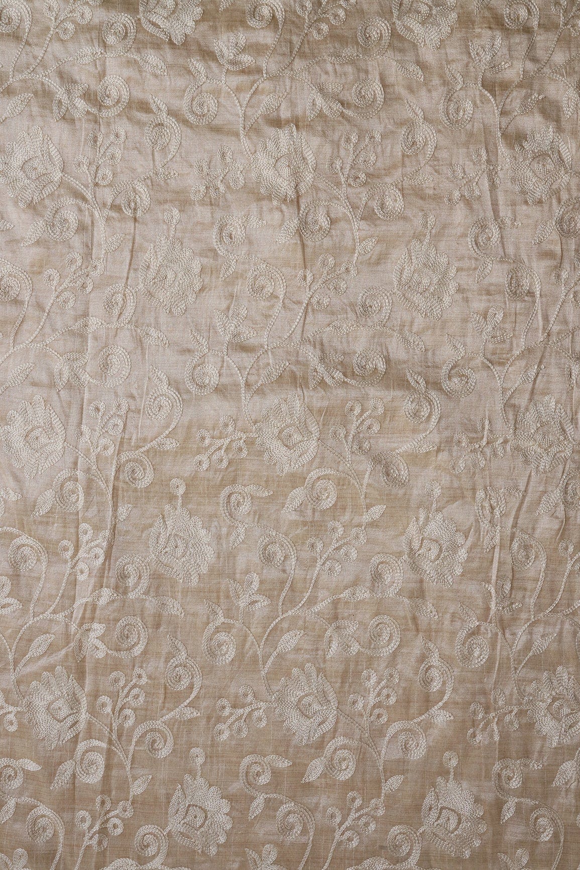 Off White Thread Beautiful Heavy Floral Embroidery Work On Beige Mulberry Silk Fabric - doeraa