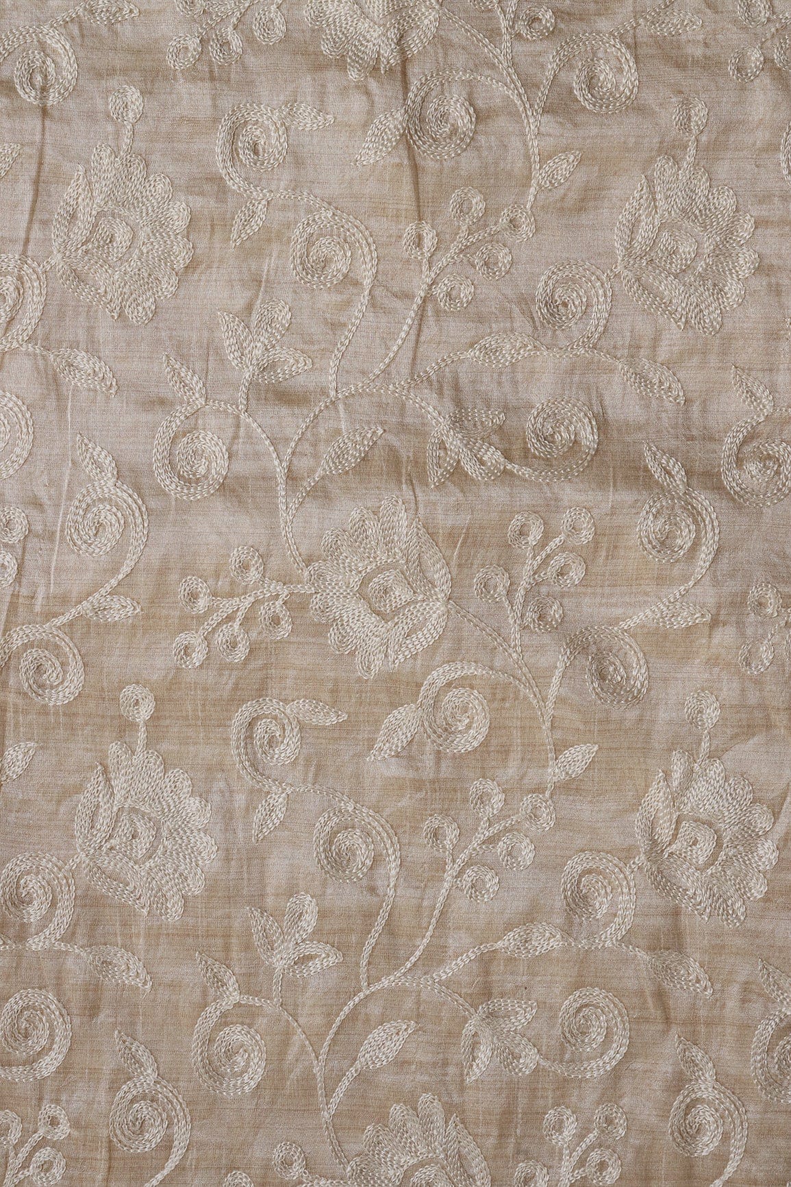 Off White Thread Beautiful Heavy Floral Embroidery Work On Beige Mulberry Silk Fabric - doeraa