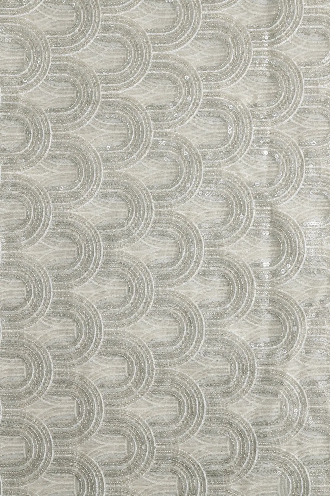 Off White Thread With Silver Sequins Abstract Embroidery Work On Off White Soft Net Fabric - doeraa