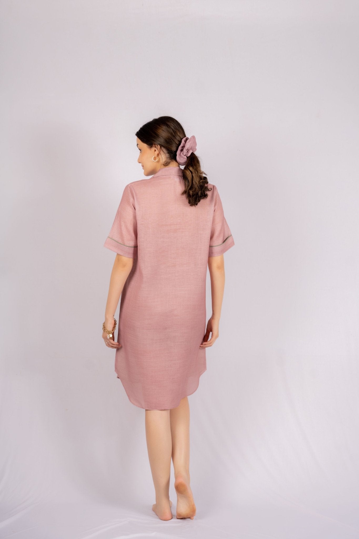 Old Rose Nude Pink Linen Shirt Dress with Wooden Buttons - doeraa