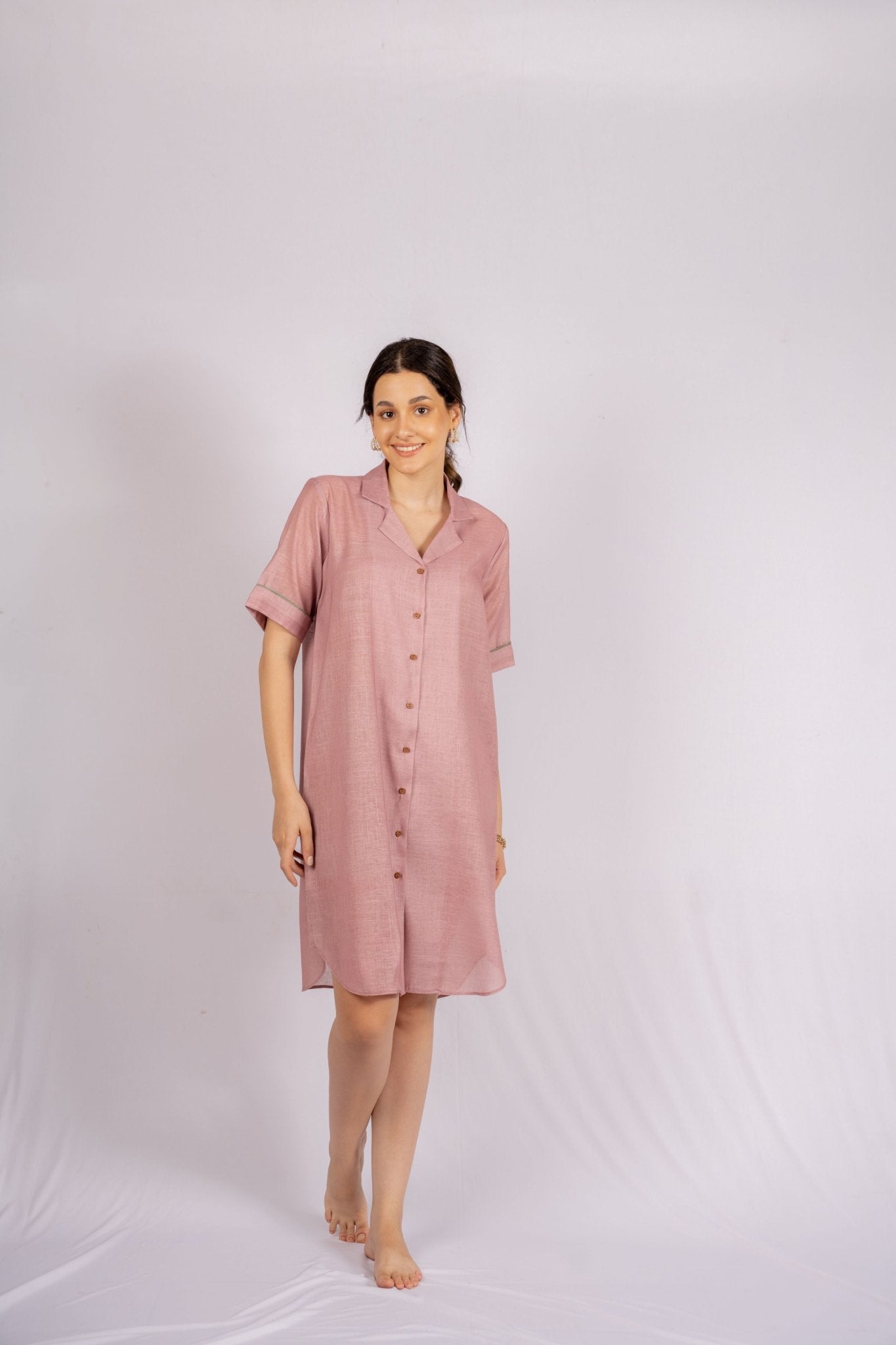 Old Rose Nude Pink Linen Shirt Dress with Wooden Buttons - doeraa