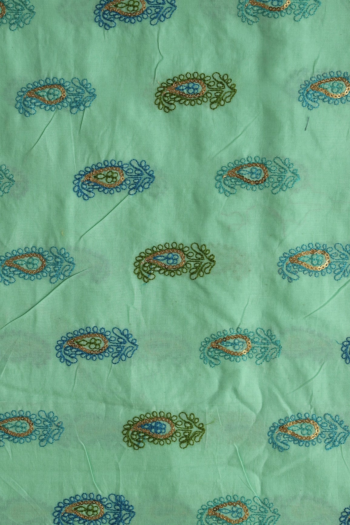Olive And Blue Thread With Gold Sequins Paisley Embroidery Work On Sea Green Organic Cotton Fabric - doeraa