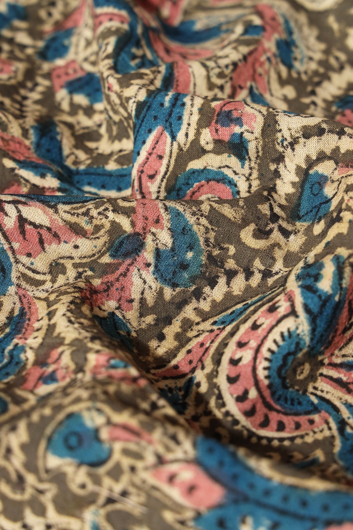 Olive And Light Beige Floral Pattern Handblock Kalamkari Organic Cotton Fabric - doeraa