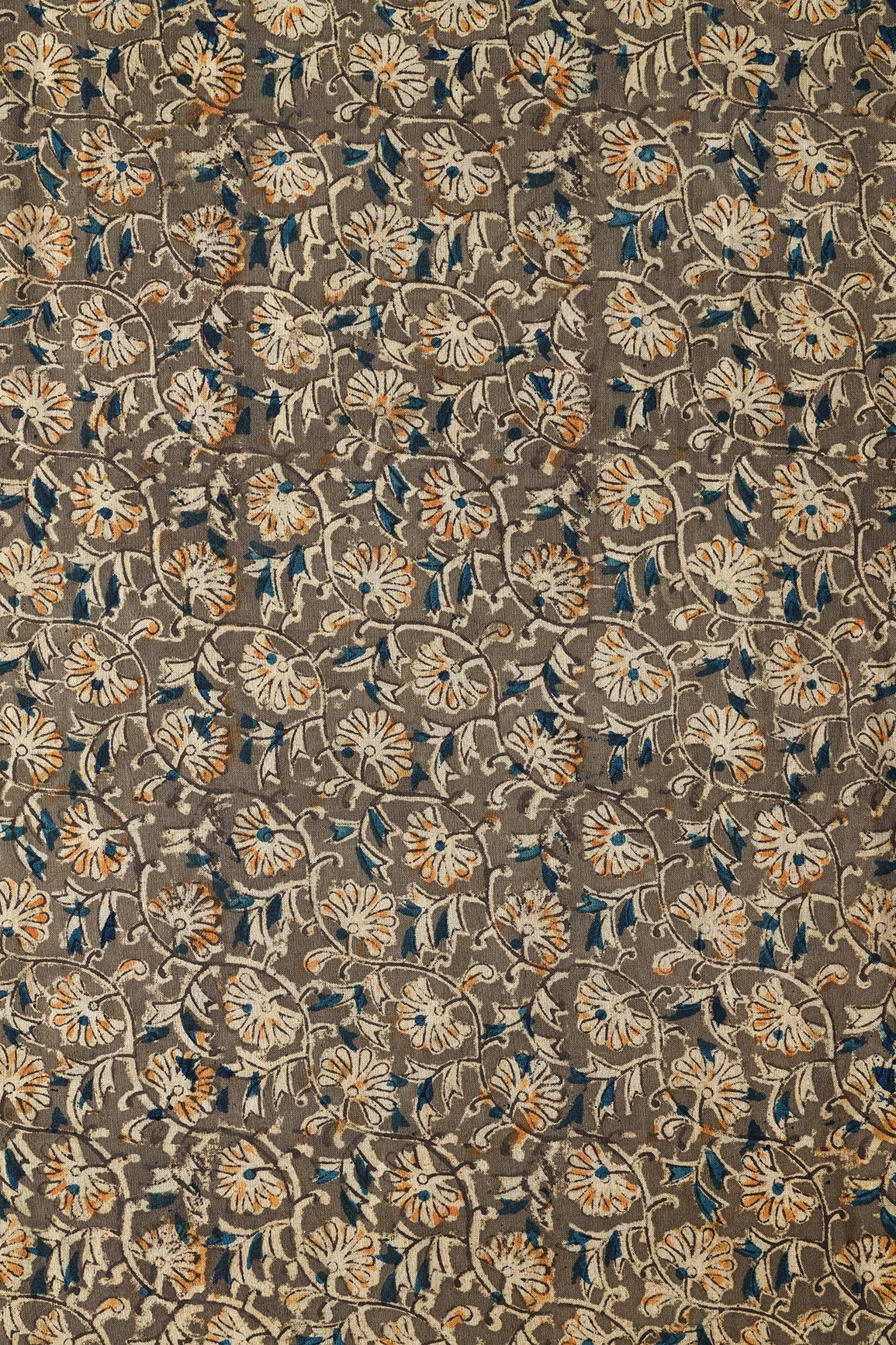 Olive And Light Beige Floral Pattern Handblock Kalamkari Organic Cotton Fabric - doeraa