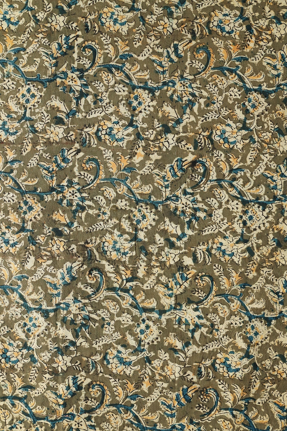 Olive And Light Beige Paisley Pattern Handblock Kalamkari Organic Cotton Fabric - doeraa