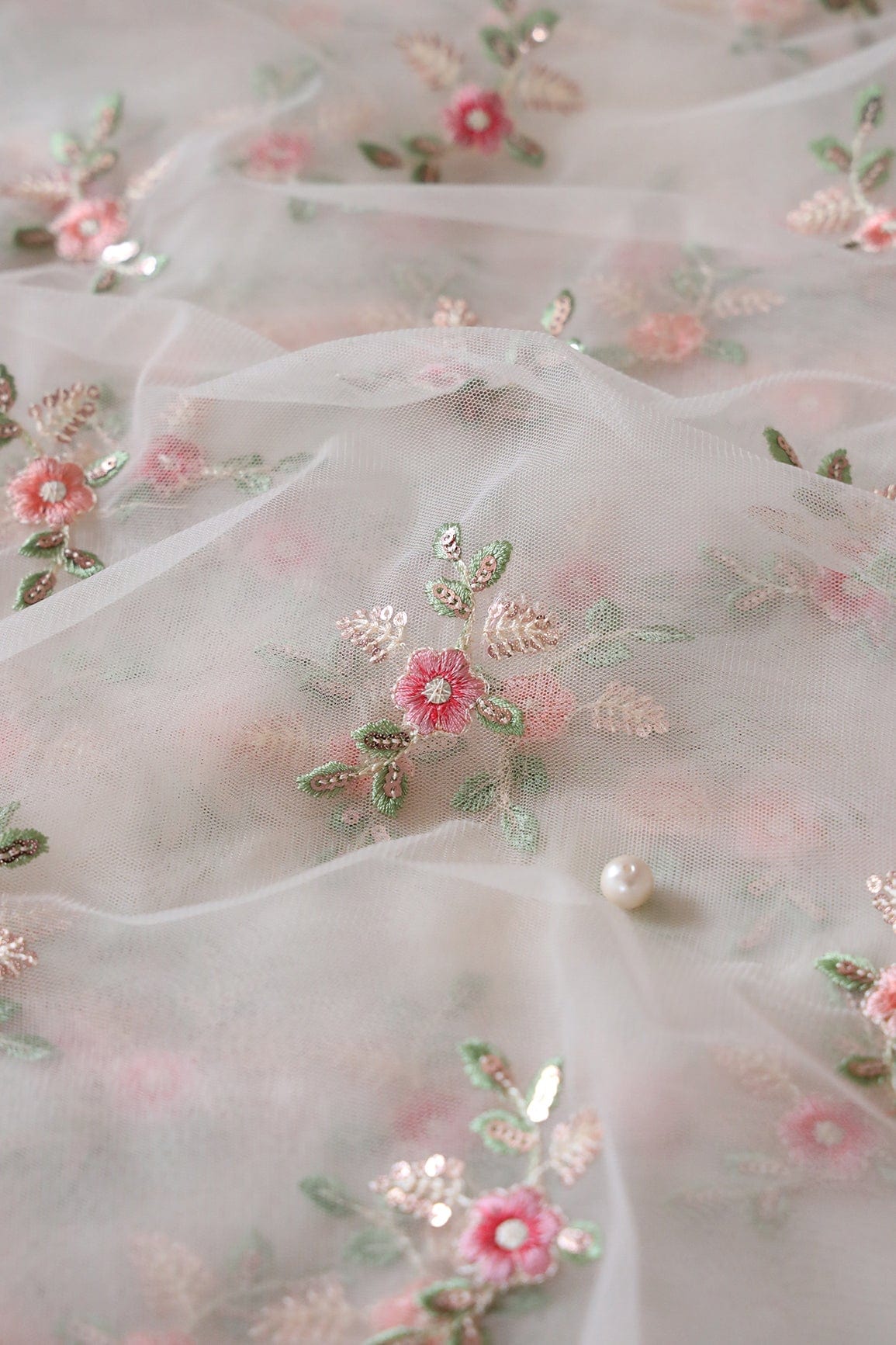 Olive And Pink Thread With Gold Sequins Floral Butta Embroidery On Cream Soft Net Fabric - doeraa