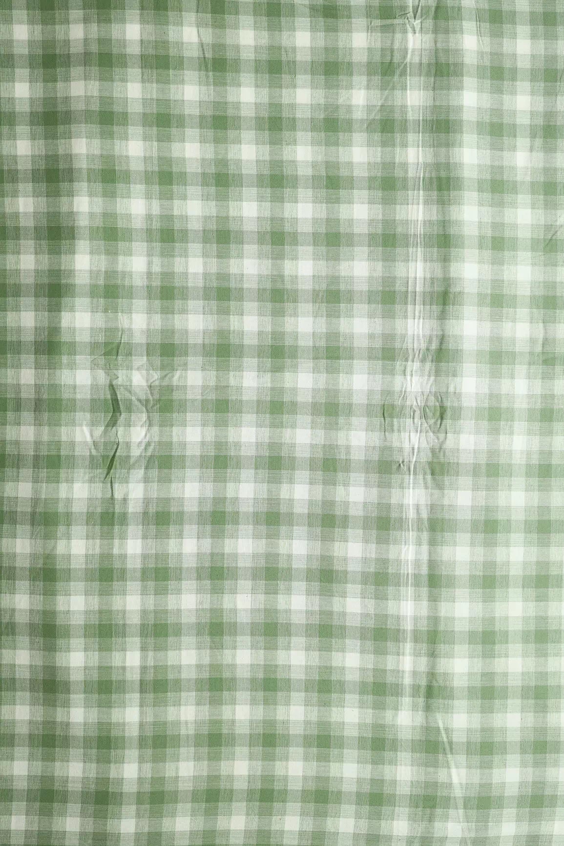 Olive And White Checks Pattern Handwoven Organic Cotton Fabric - doeraa