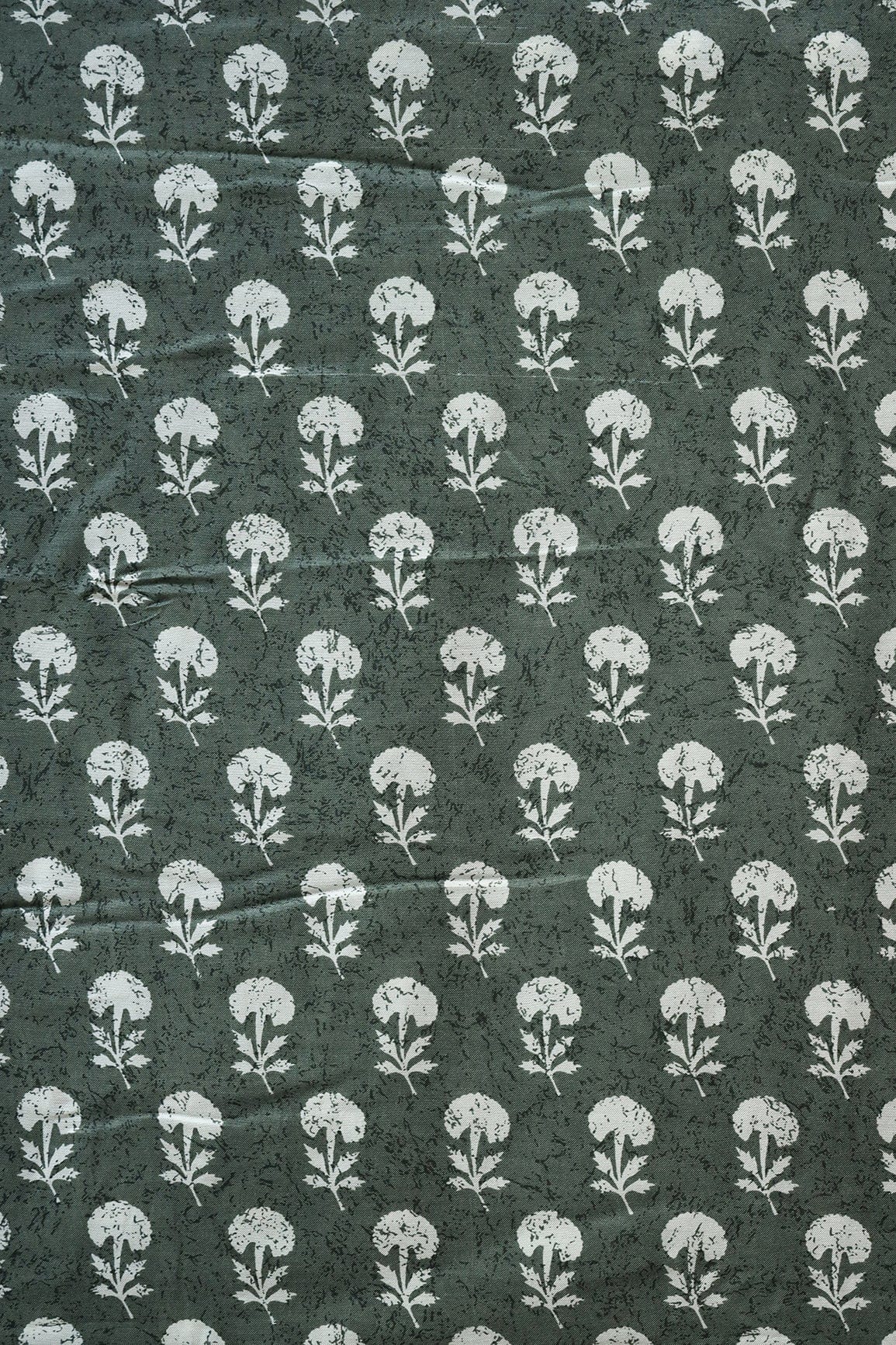 Olive And White Small Floral Pattern Screen Print On Pure Muslin Silk Fabric - doeraa