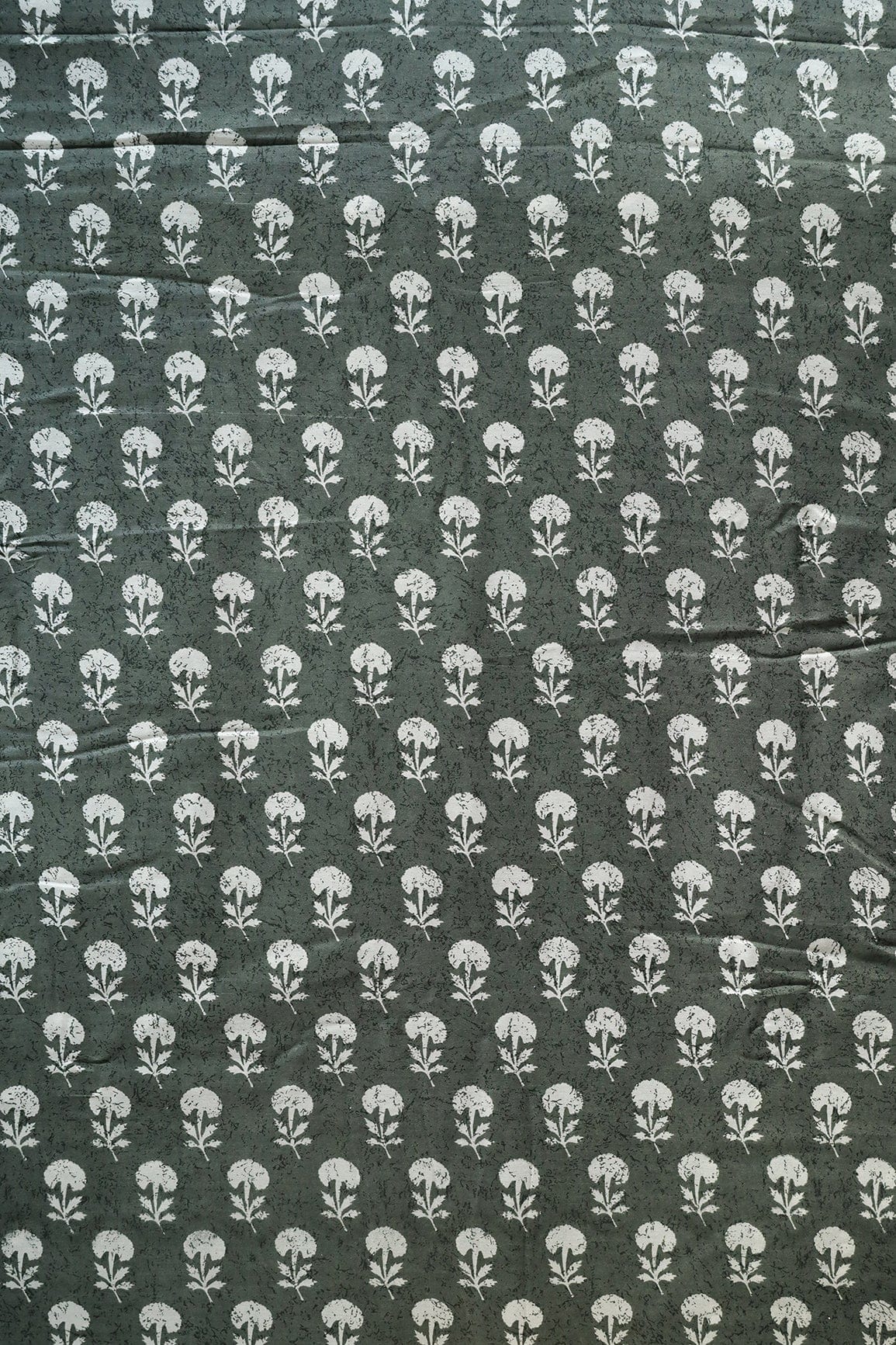 Olive And White Small Floral Pattern Screen Print On Pure Muslin Silk Fabric - doeraa