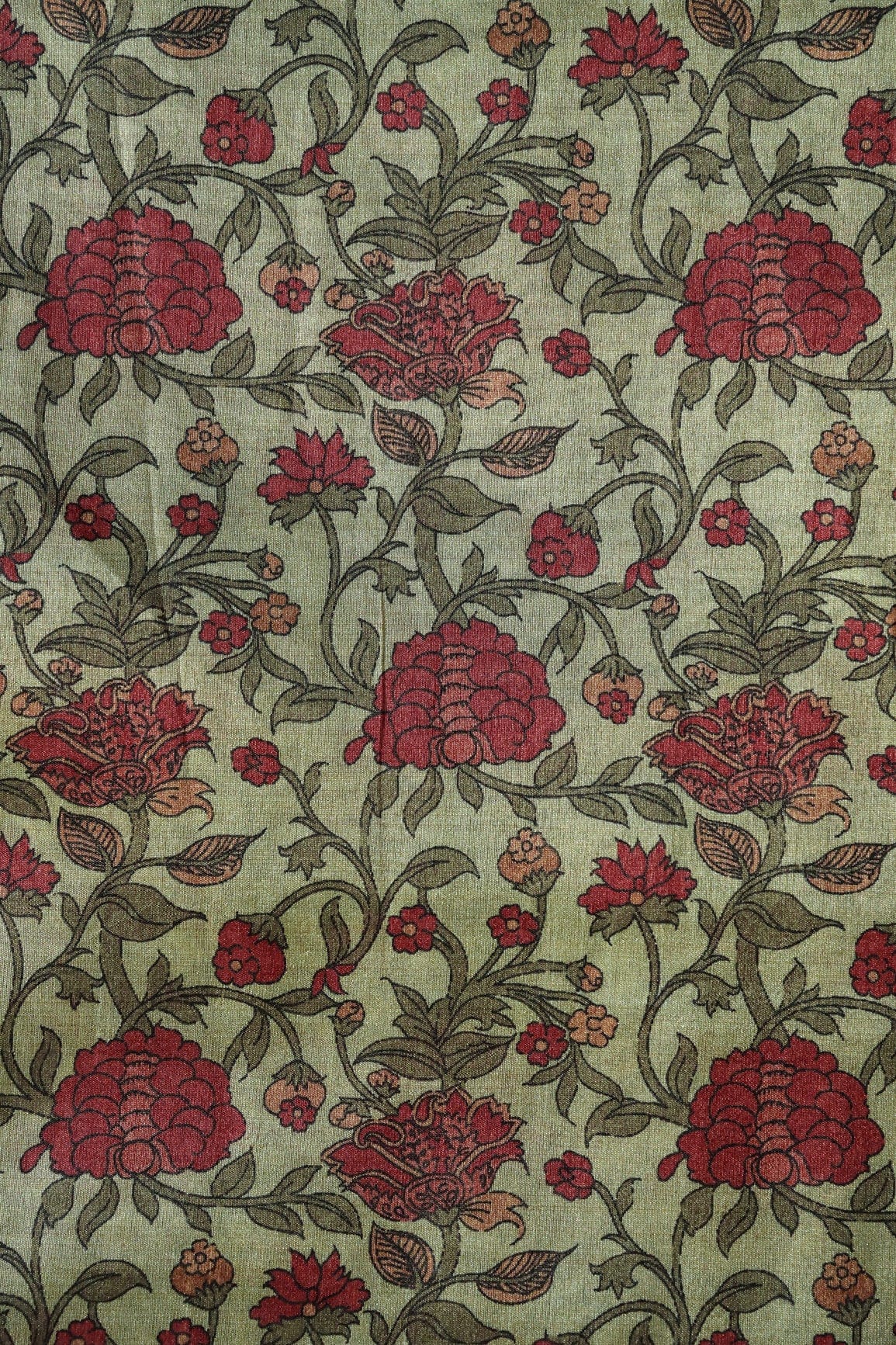 Olive Floral Pattern Digital Print On Mulberry Silk Fabric - doeraa