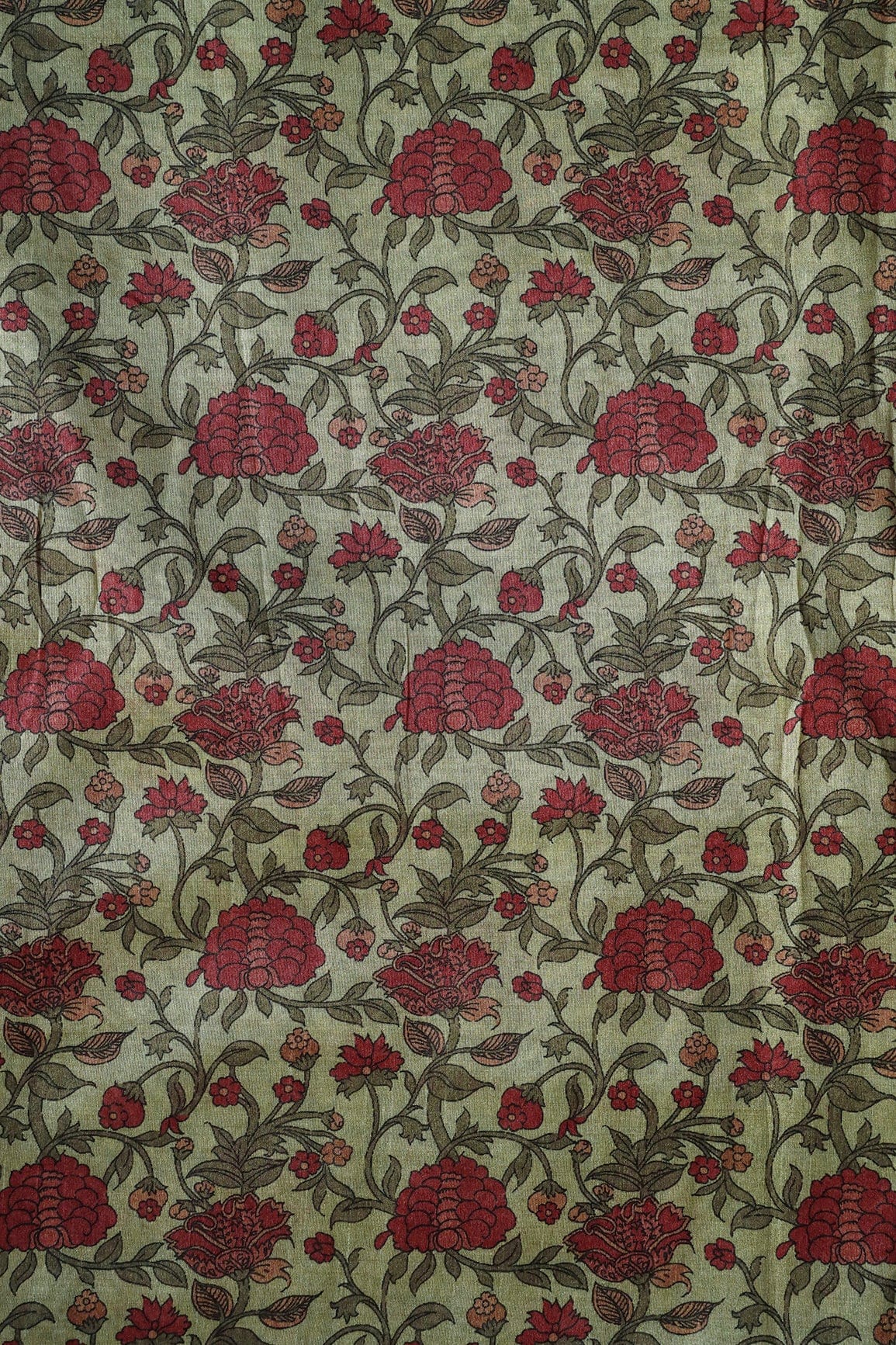 Olive Floral Pattern Digital Print On Mulberry Silk Fabric - doeraa