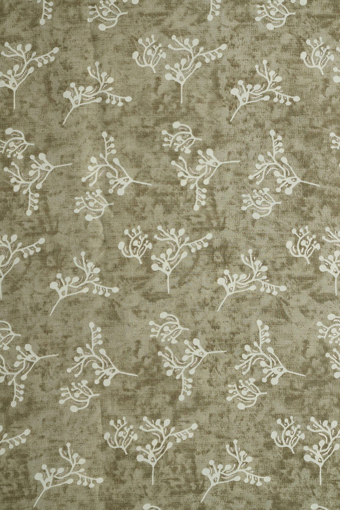 Olive Green And Cream Floral Foil Print On Viscose Chanderi Silk Fabric - doeraa