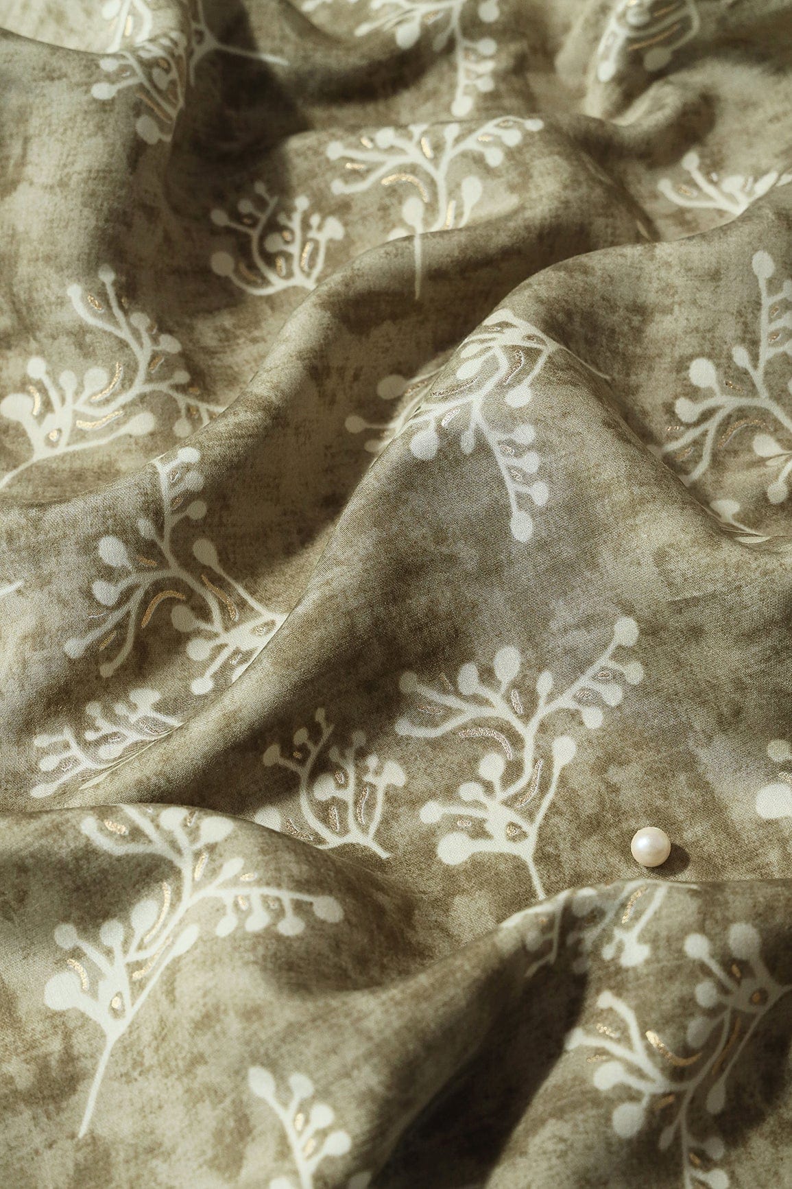 Olive Green And Cream Floral Foil Print On Viscose Chanderi Silk Fabric - doeraa