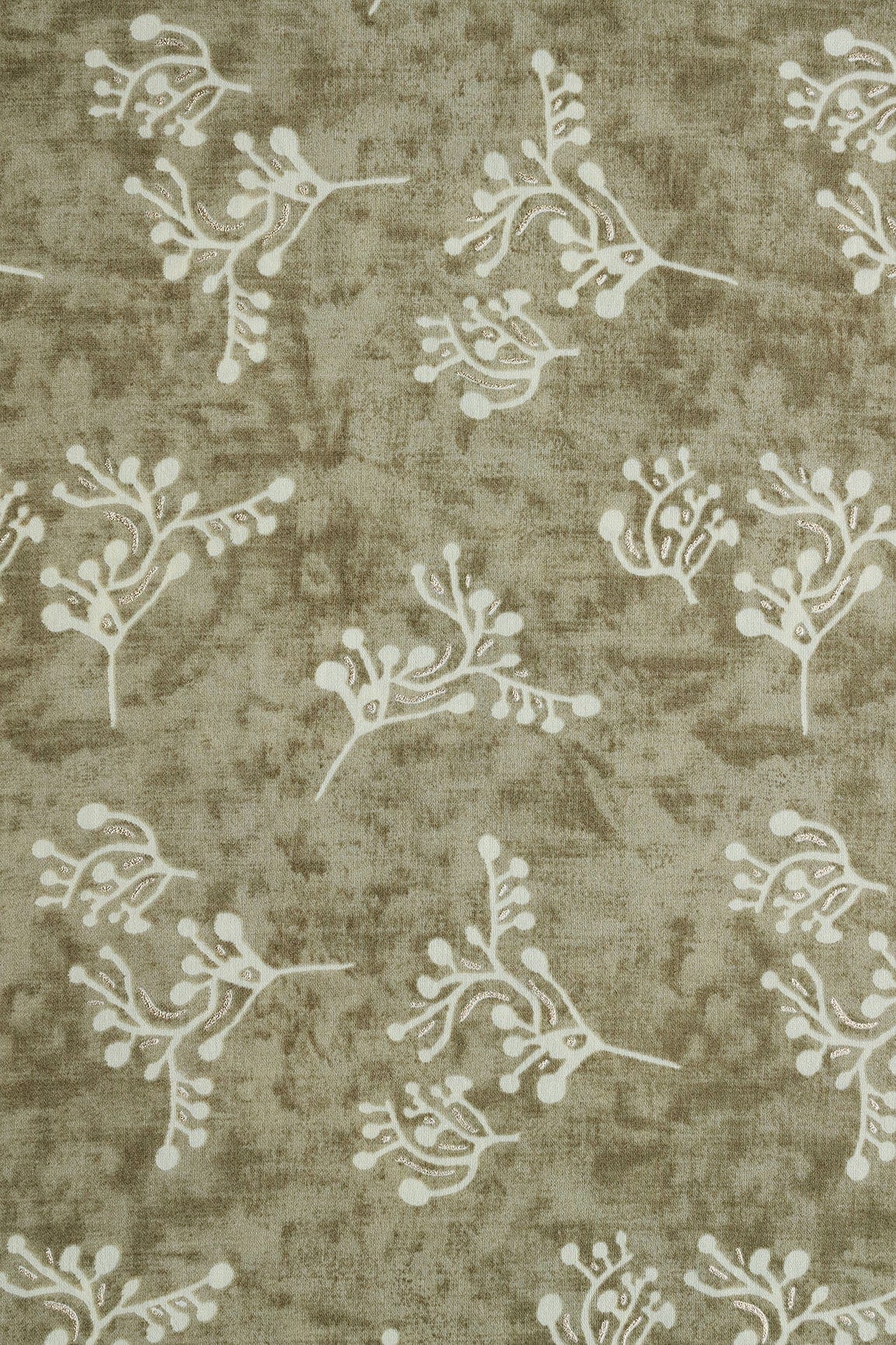 Olive Green And Cream Floral Foil Print On Viscose Chanderi Silk Fabric - doeraa