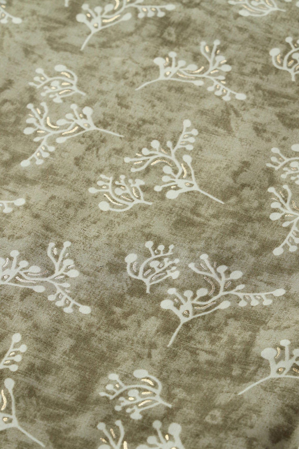 Olive Green And Cream Floral Foil Print On Viscose Chanderi Silk Fabric - doeraa