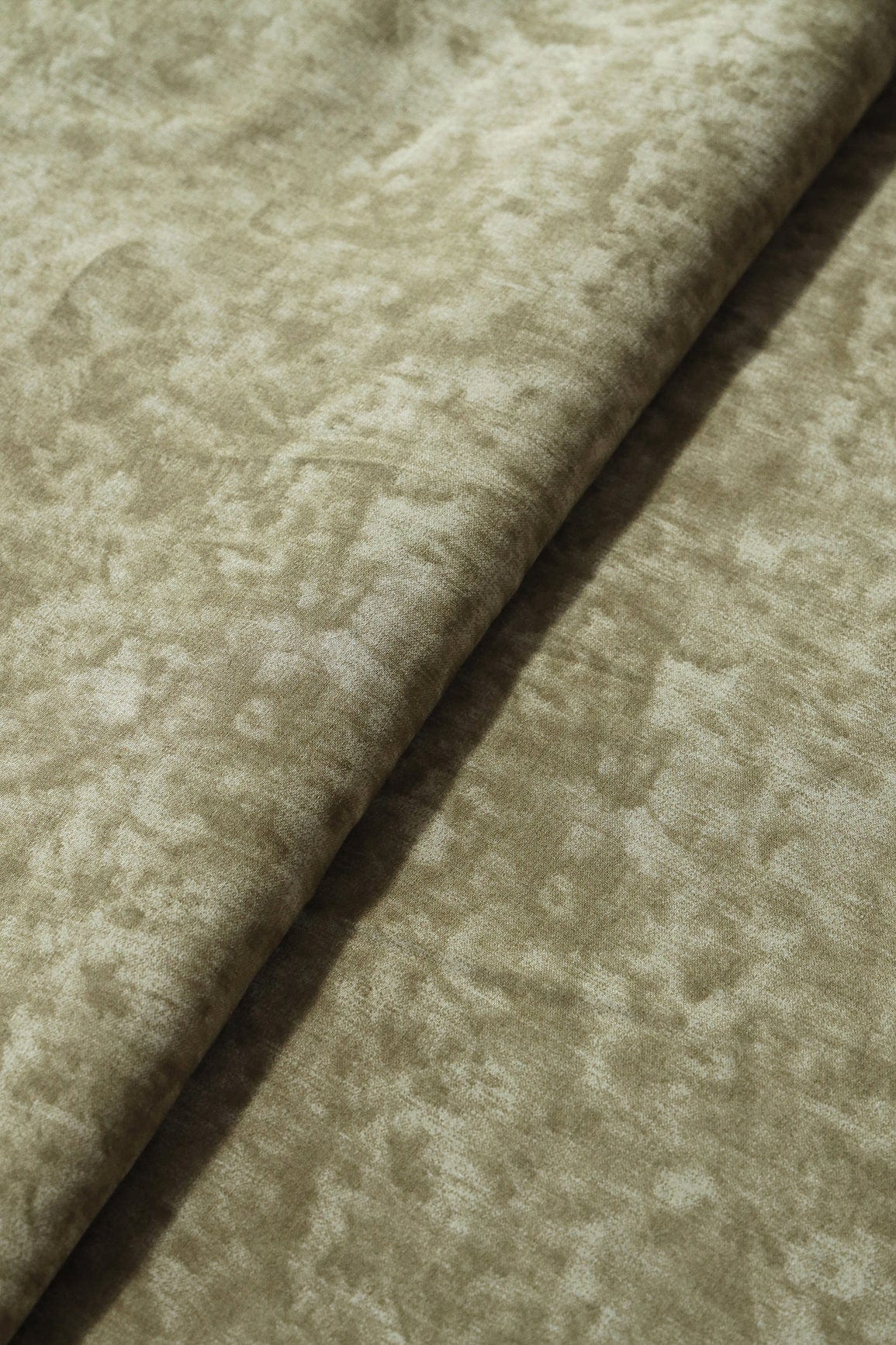 Olive Green And Cream Plain Texture Pattern On Viscose Chanderi Silk Fabric - doeraa