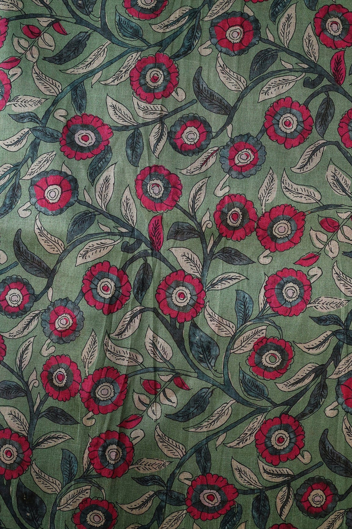 Olive Green And Red Floral Pattern Digital Print On Mulberry Silk Fabric - doeraa