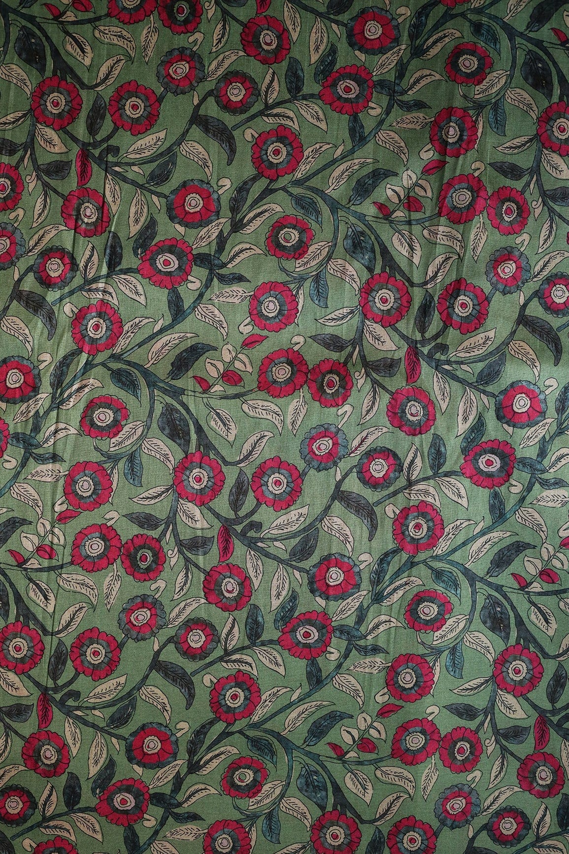 Olive Green And Red Floral Pattern Digital Print On Mulberry Silk Fabric - doeraa