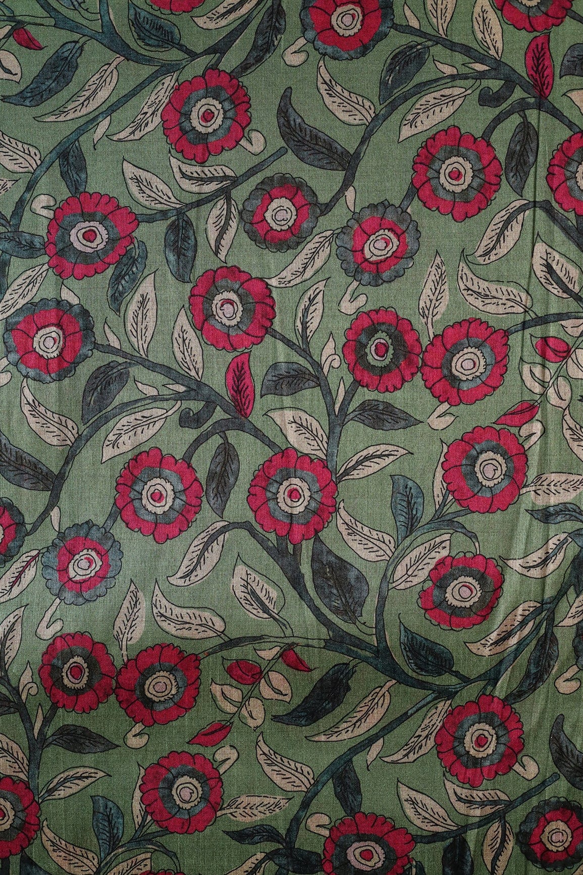 Olive Green And Red Floral Pattern Digital Print On Mulberry Silk Fabric - doeraa