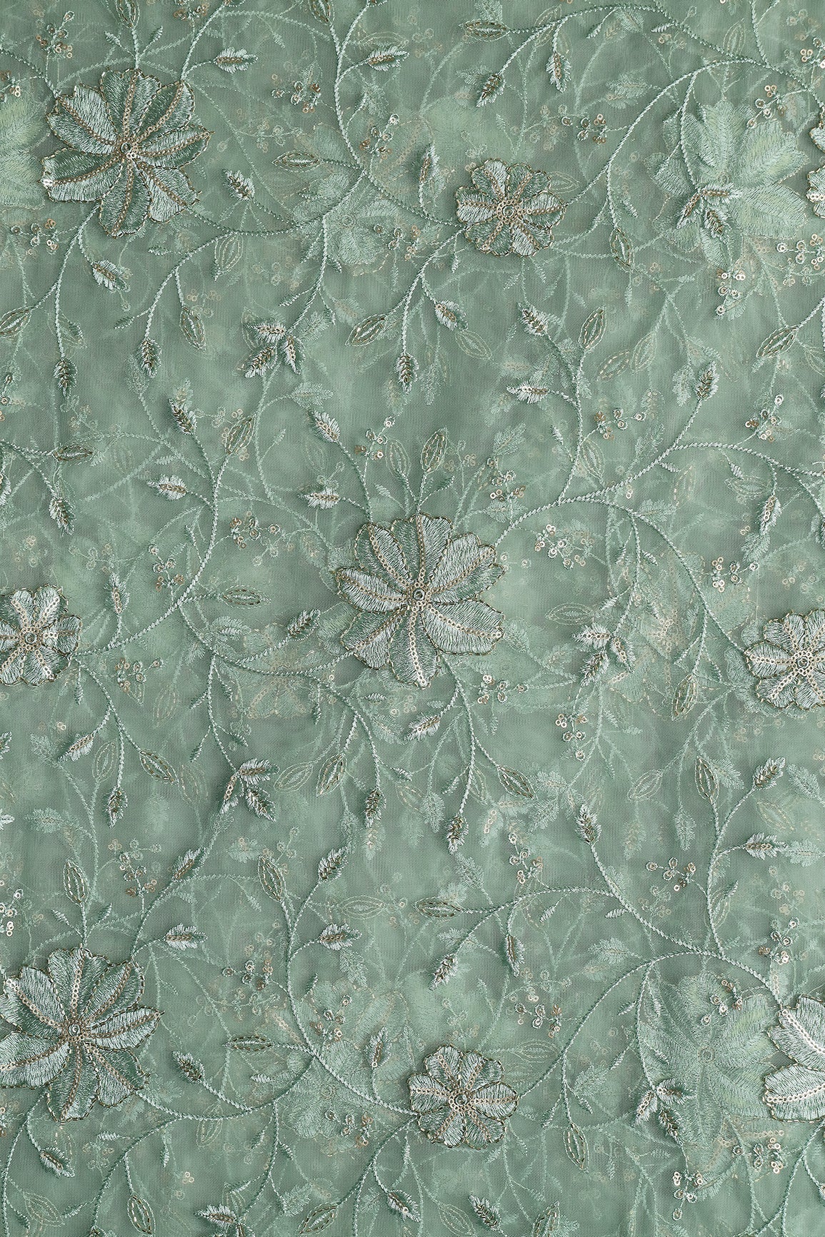 Olive Thread & Beads With Gold Sequins Floral Leafy Embroidery Work On Olive Soft Net Fabric - doeraa